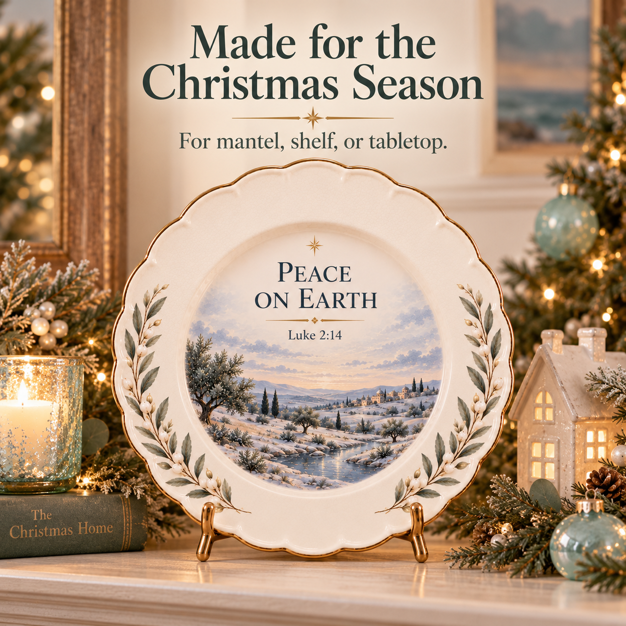 Peace on Earth Scripture Keepsake Plate displayed in a Christmas home