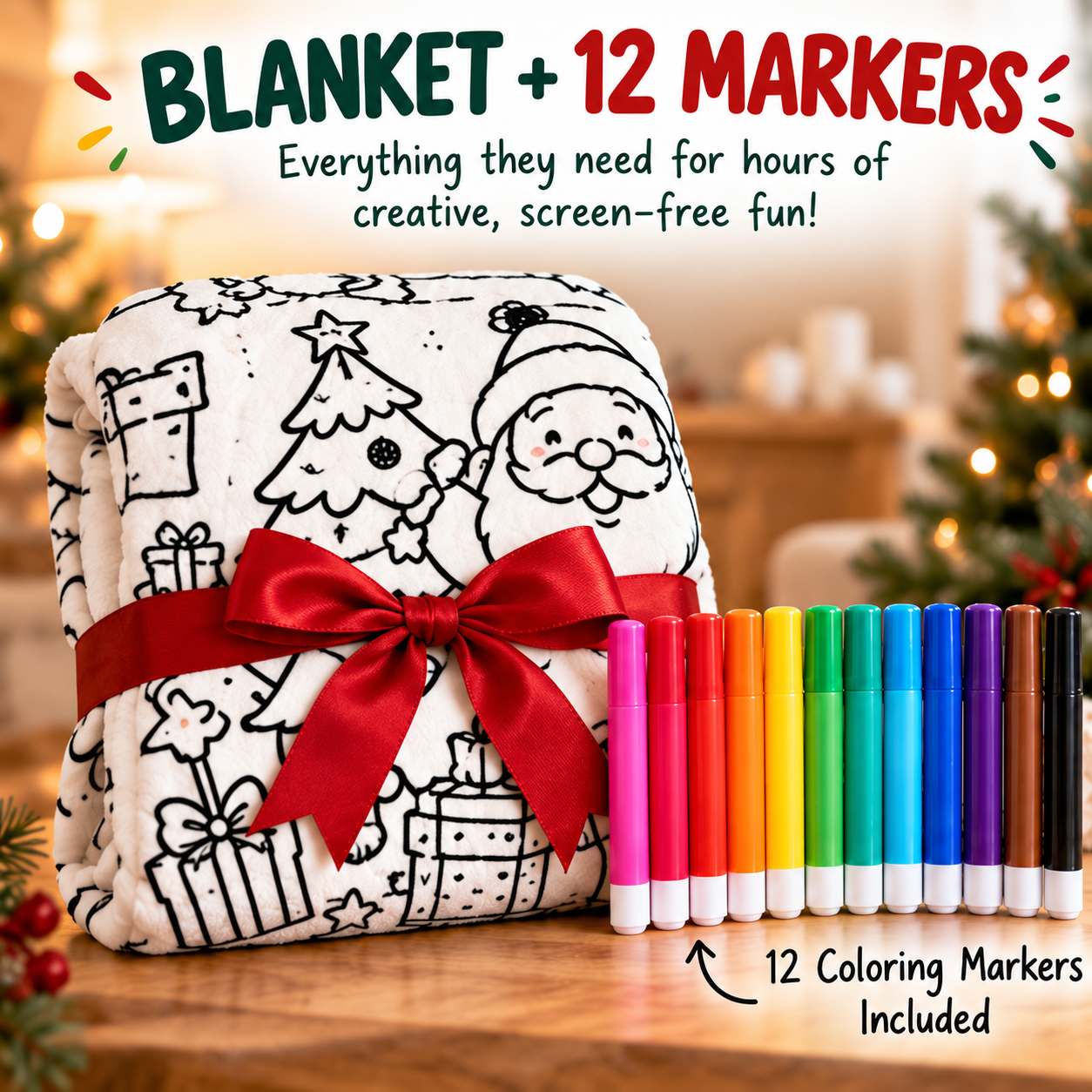 Christmas coloring blanket with 12 markers
