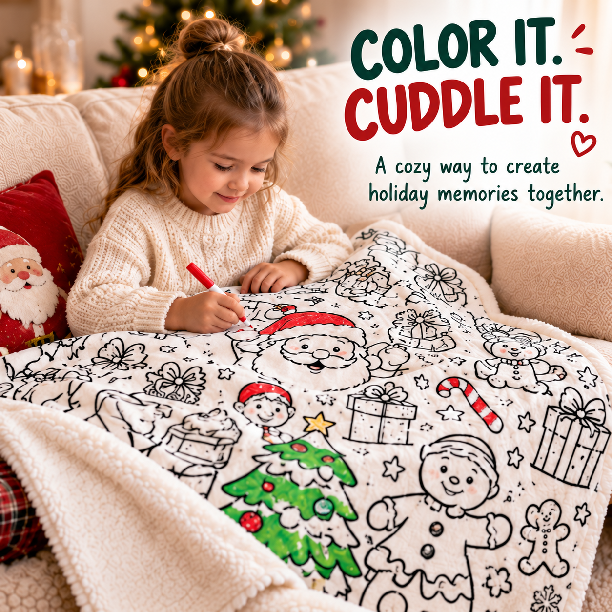 Child enjoying Christmas coloring blanket