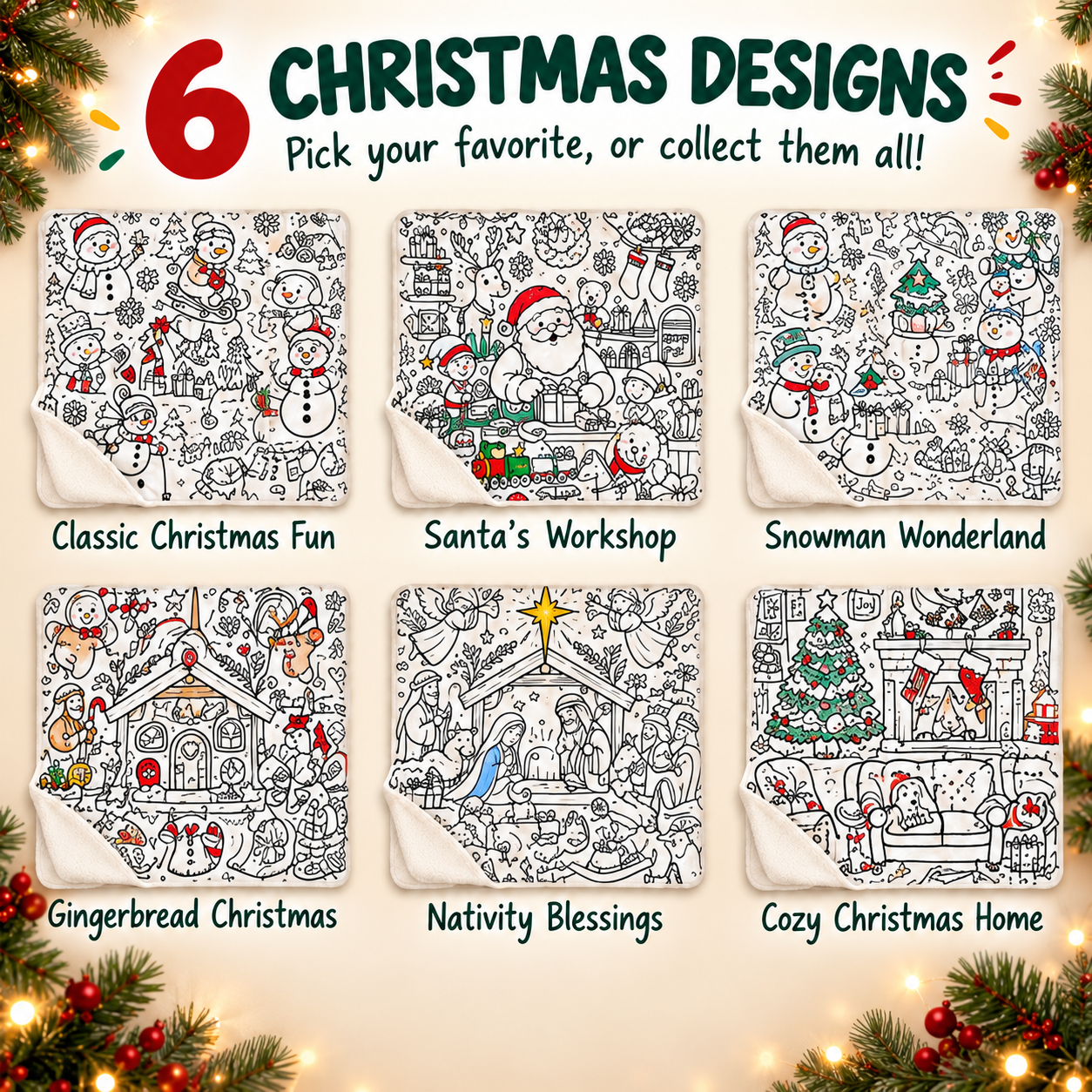 Six Christmas coloring blanket designs