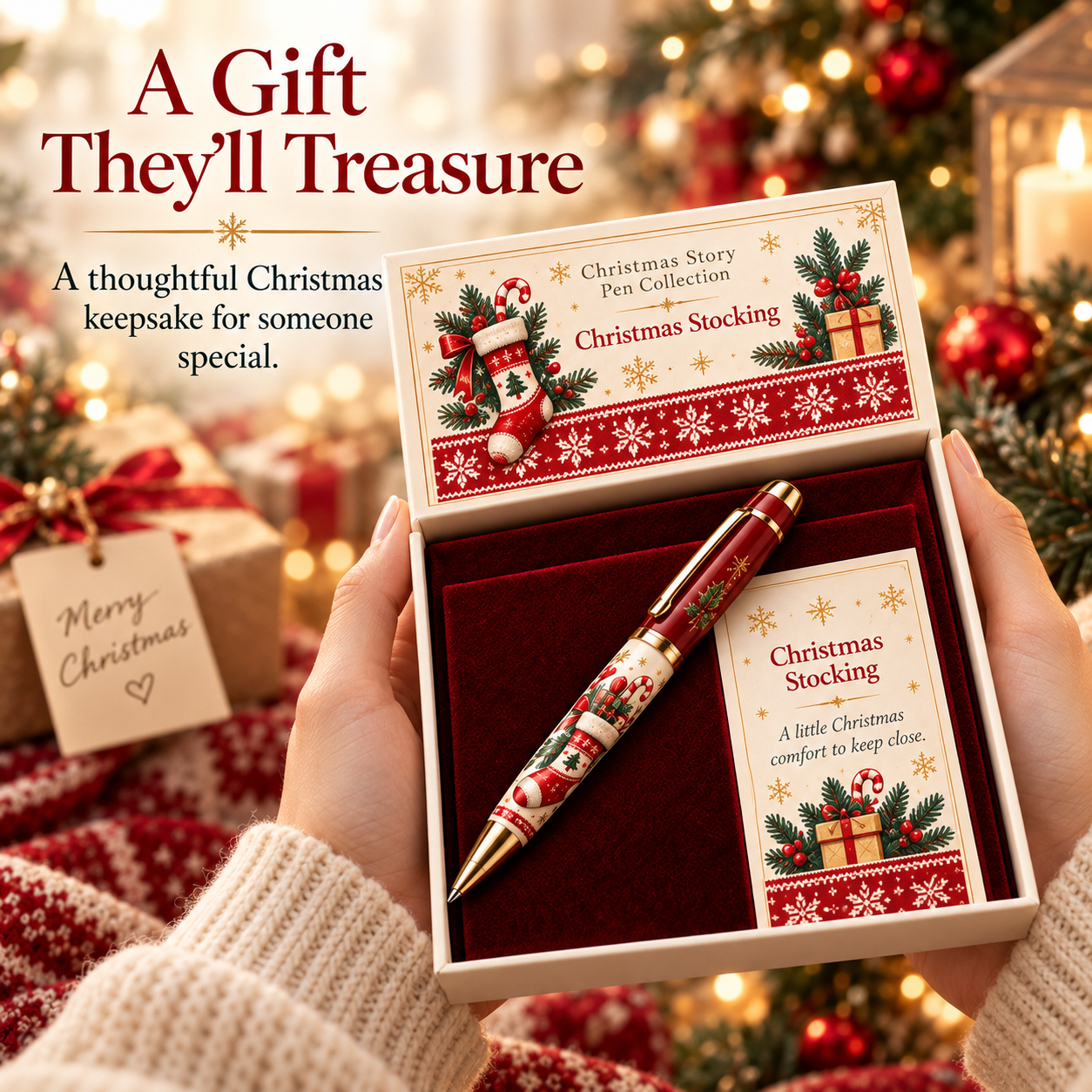 Hands holding the Christmas Stocking pen gift set in its open box