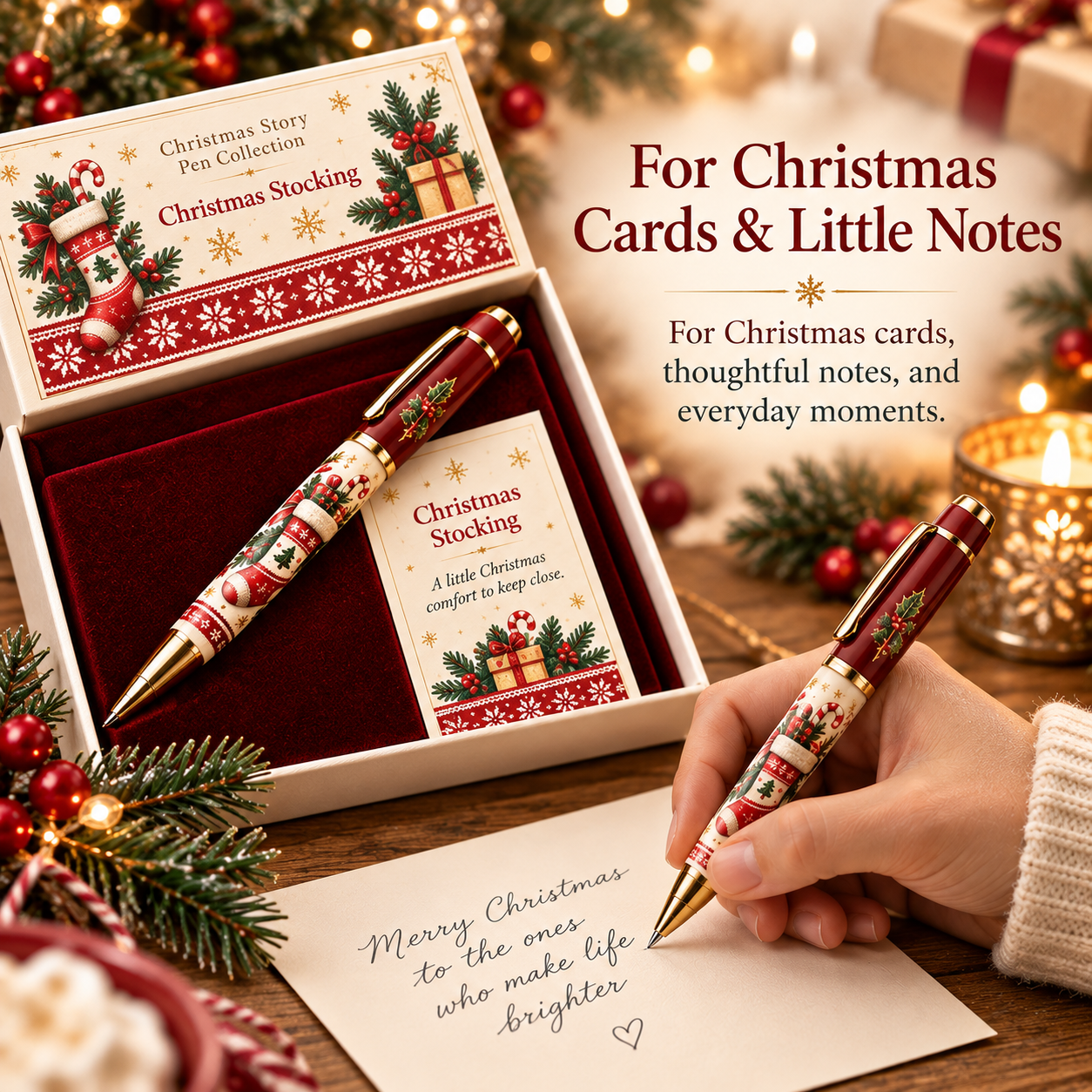 Christmas Stocking pen shown in a gift box and in use to write a Christmas greeting