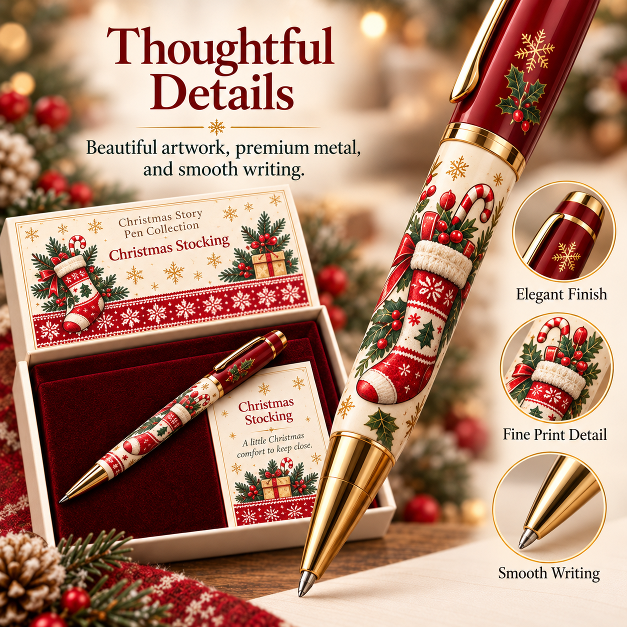 Close-up of Christmas Stocking artwork and gold-tone pen details