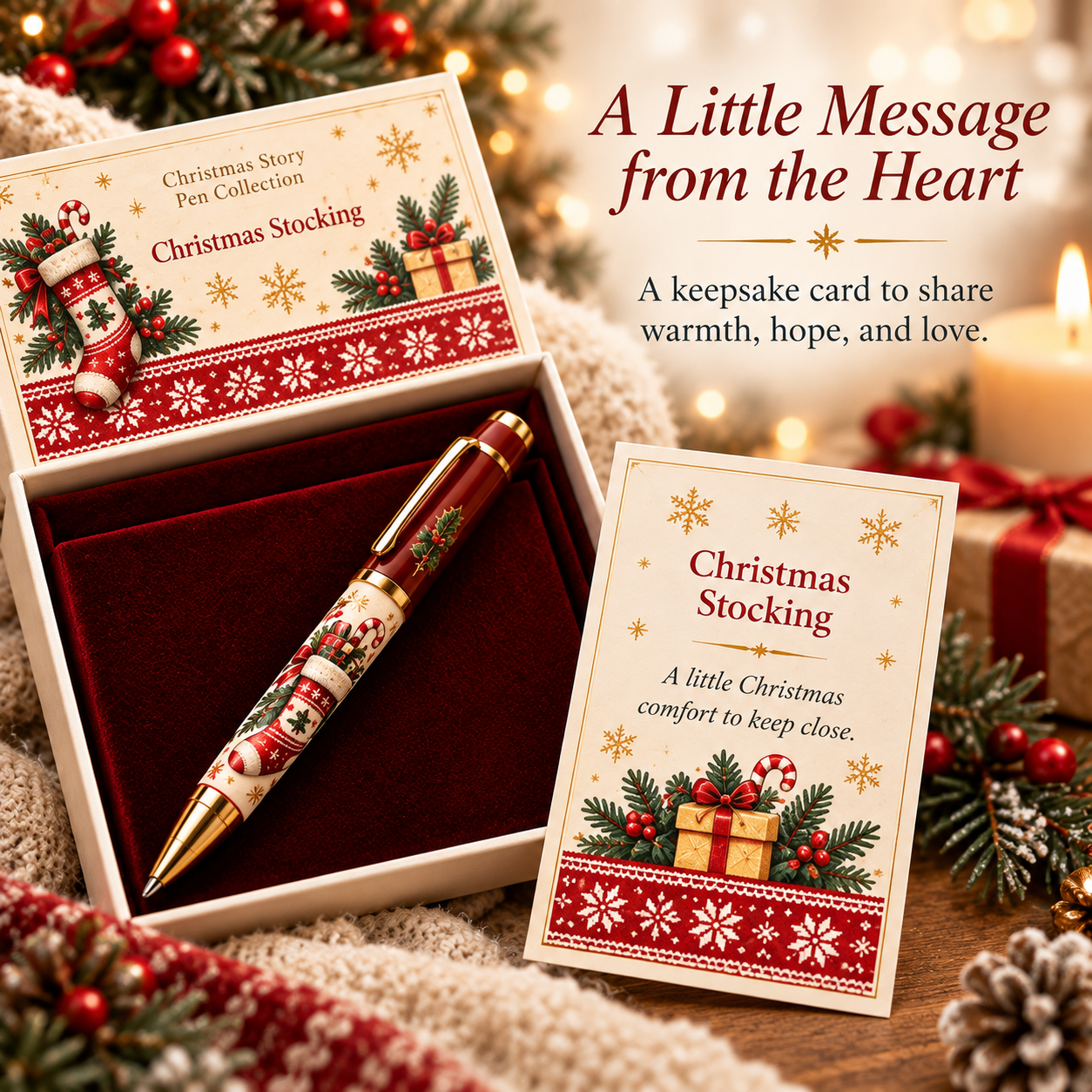 Christmas Stocking story card displayed beside the matching pen gift box