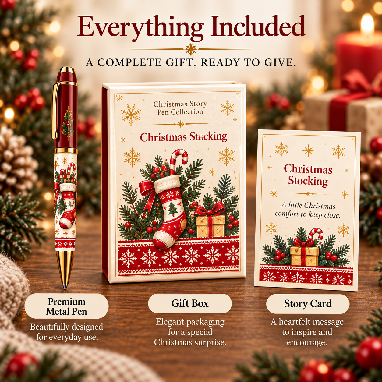 One Christmas Stocking pen, one gift box, and one matching story card