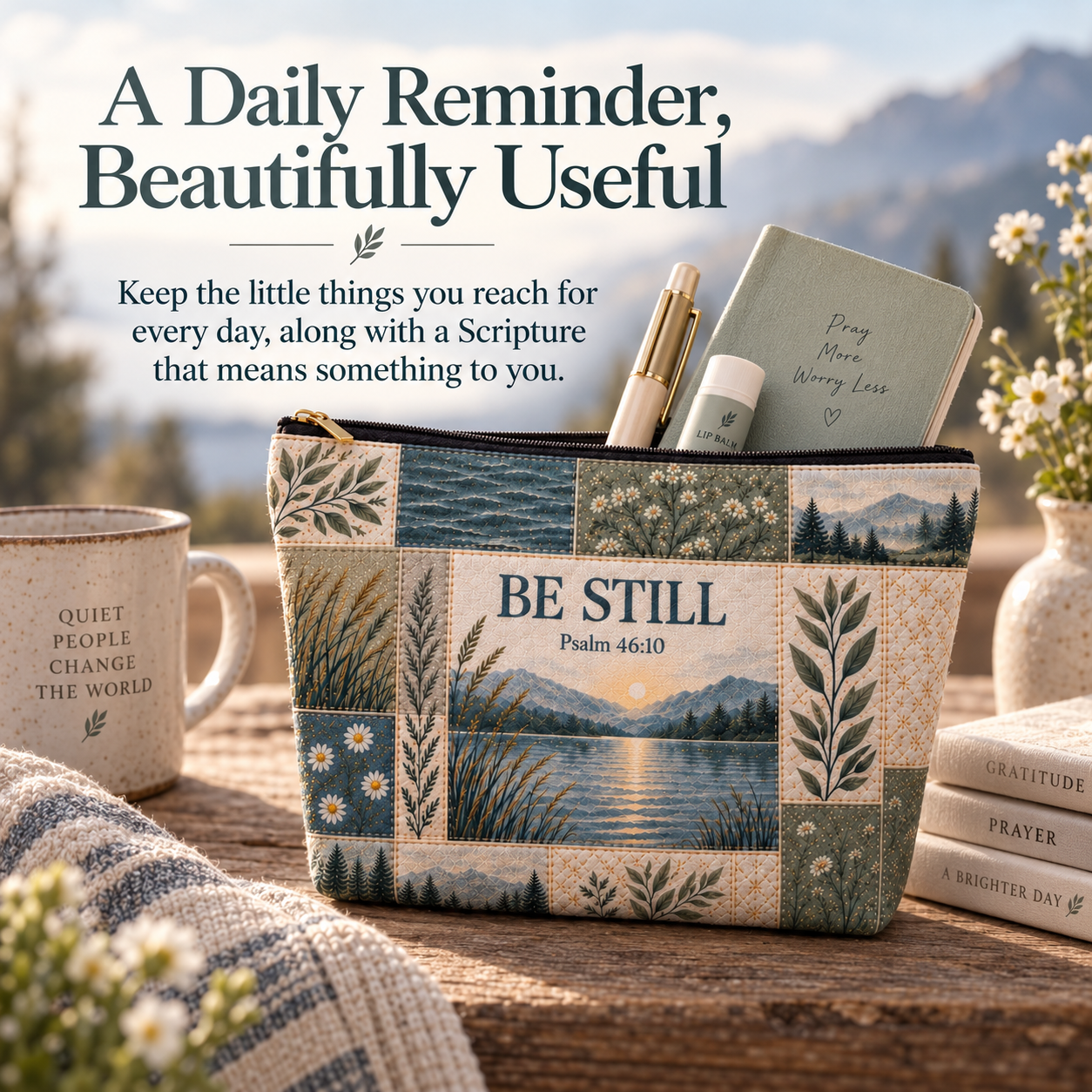 Scripture pouch holding everyday essentials