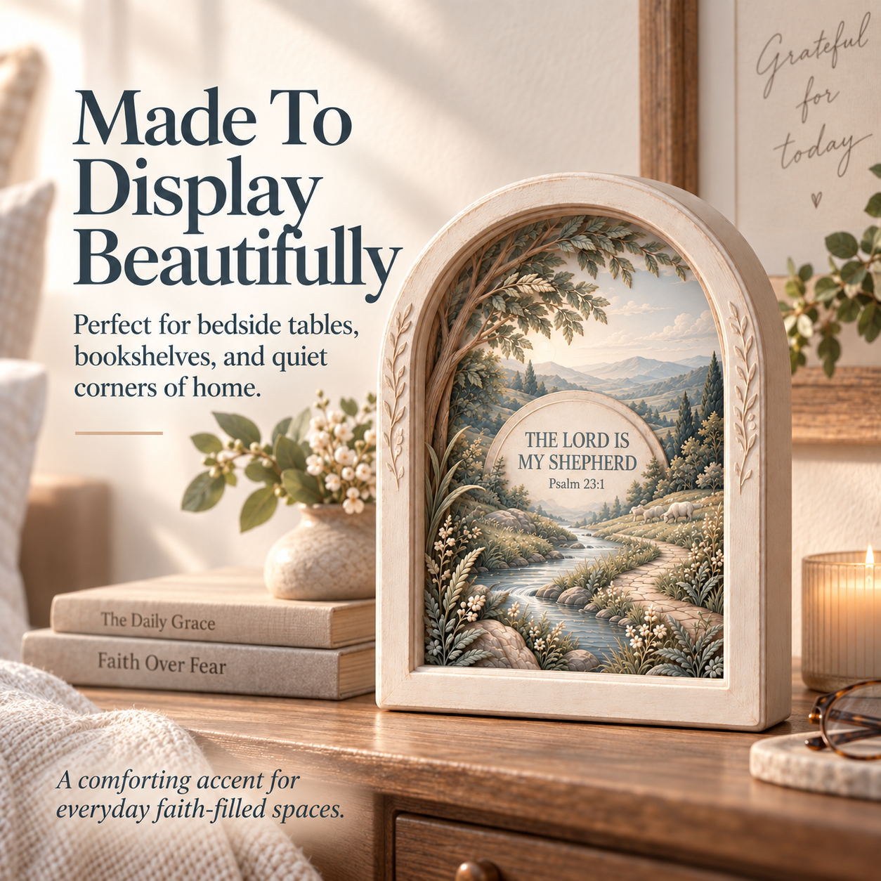 Scripture Shadow Box displayed on bedside table and bookshelf