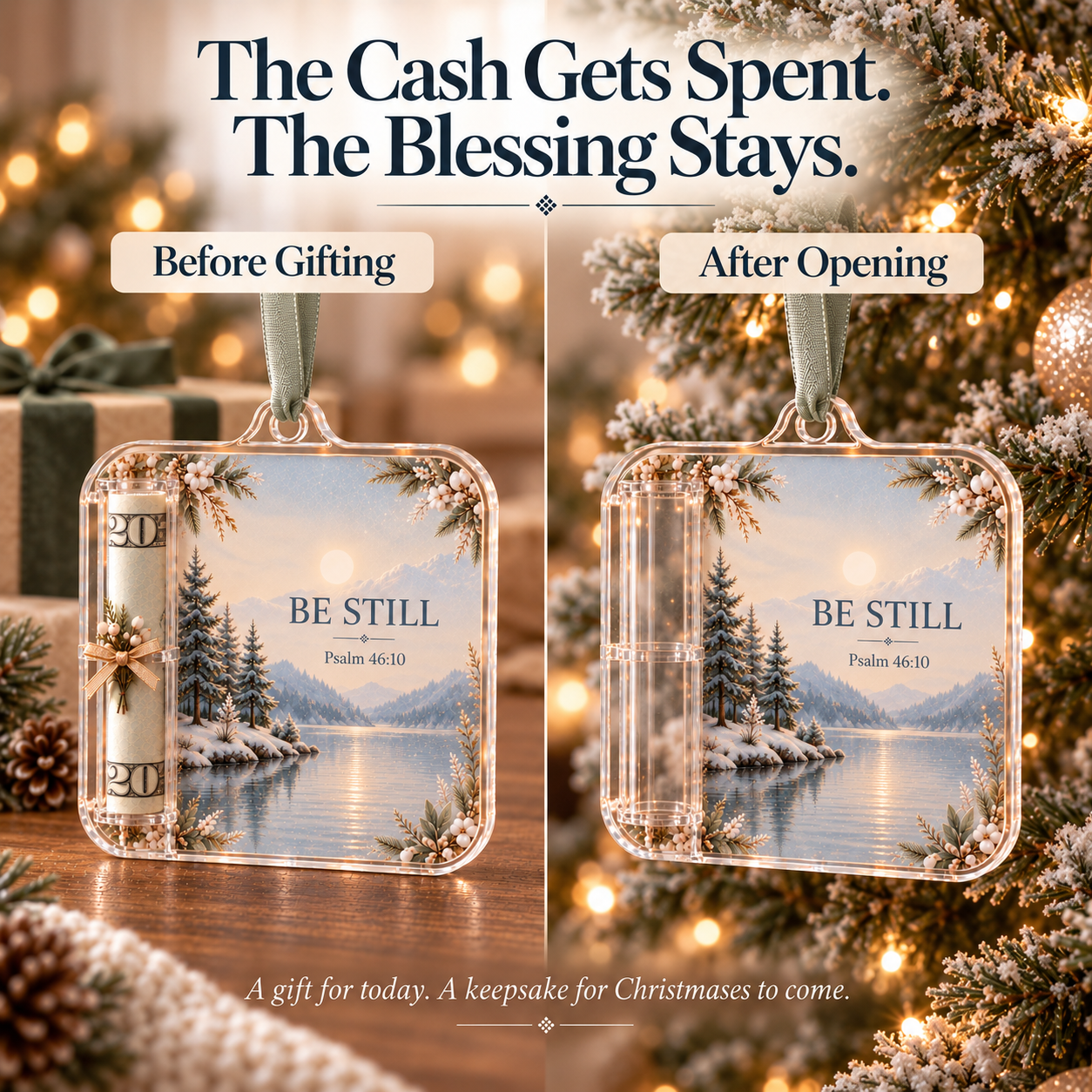 Scripture cash gift ornament before gifting and after the cash is removed