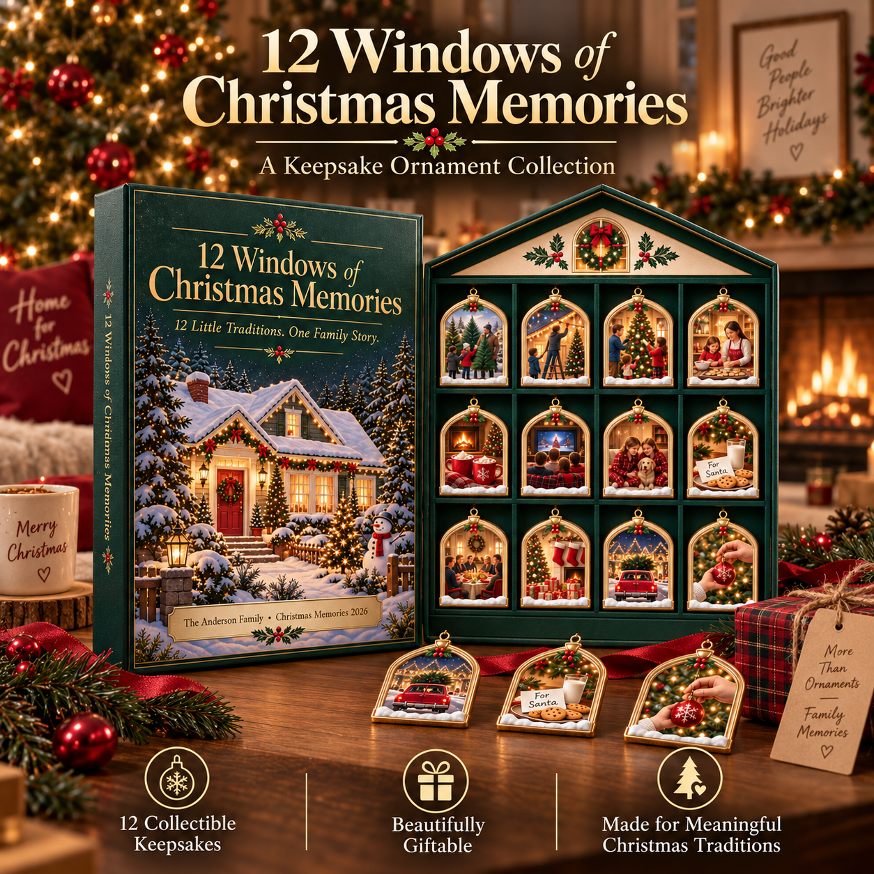 Twelve Christmas traditions represented as keepsake window ornaments
