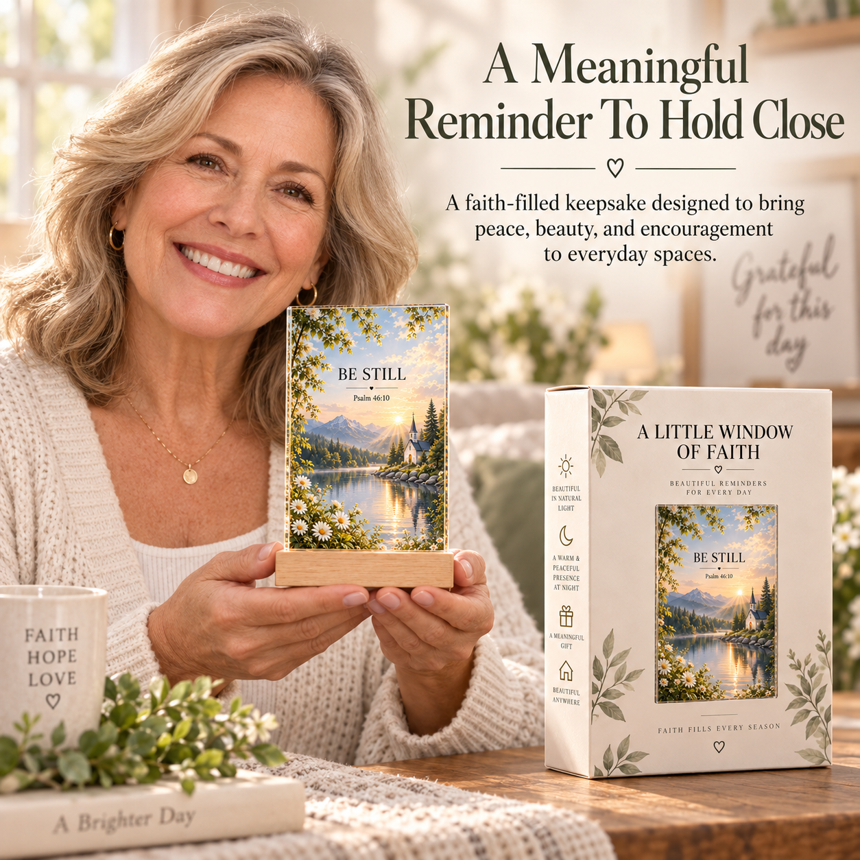 Woman holding A Little Window of Faith BE STILL scripture keepsake