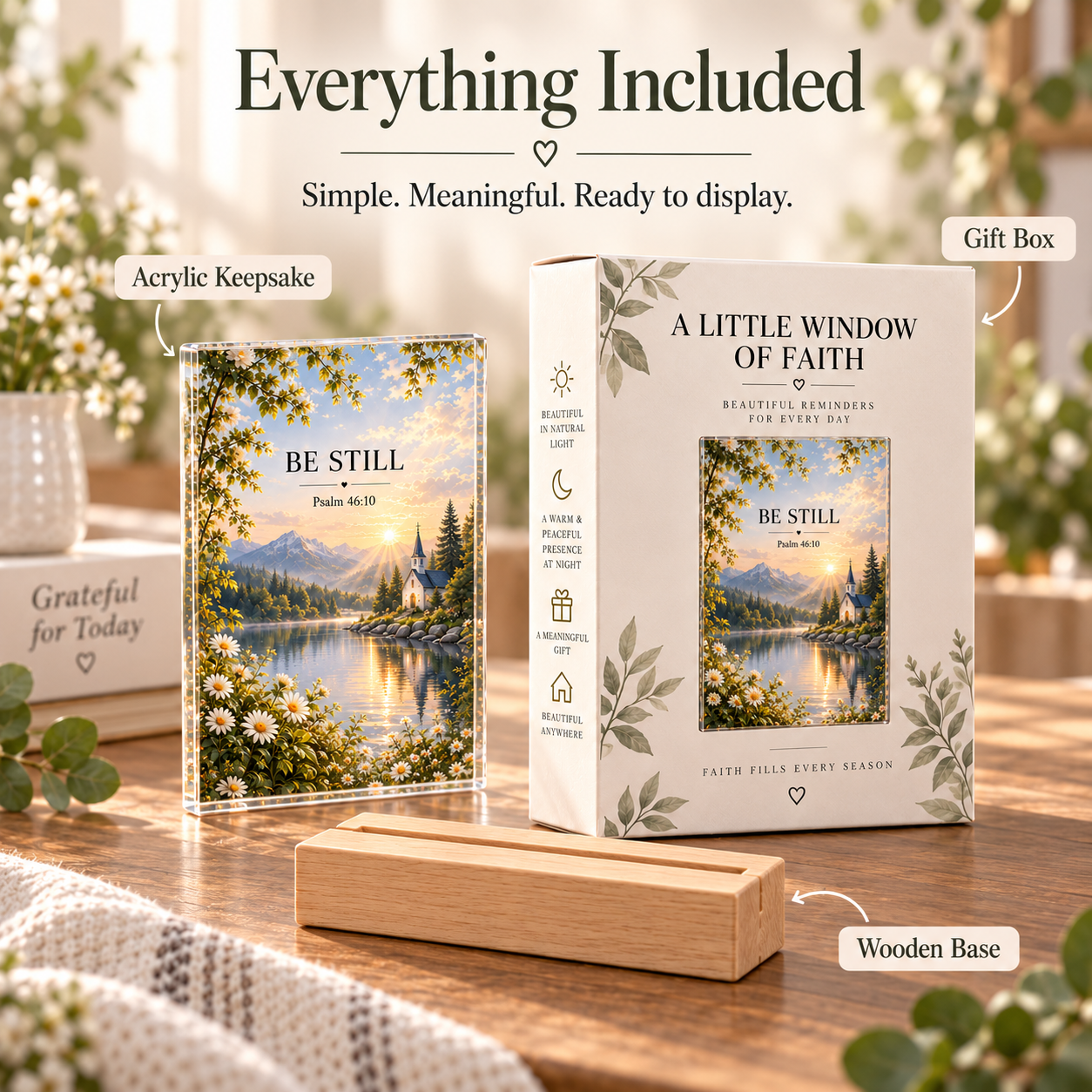 Everything included: acrylic scripture keepsake, wooden base, and gift box