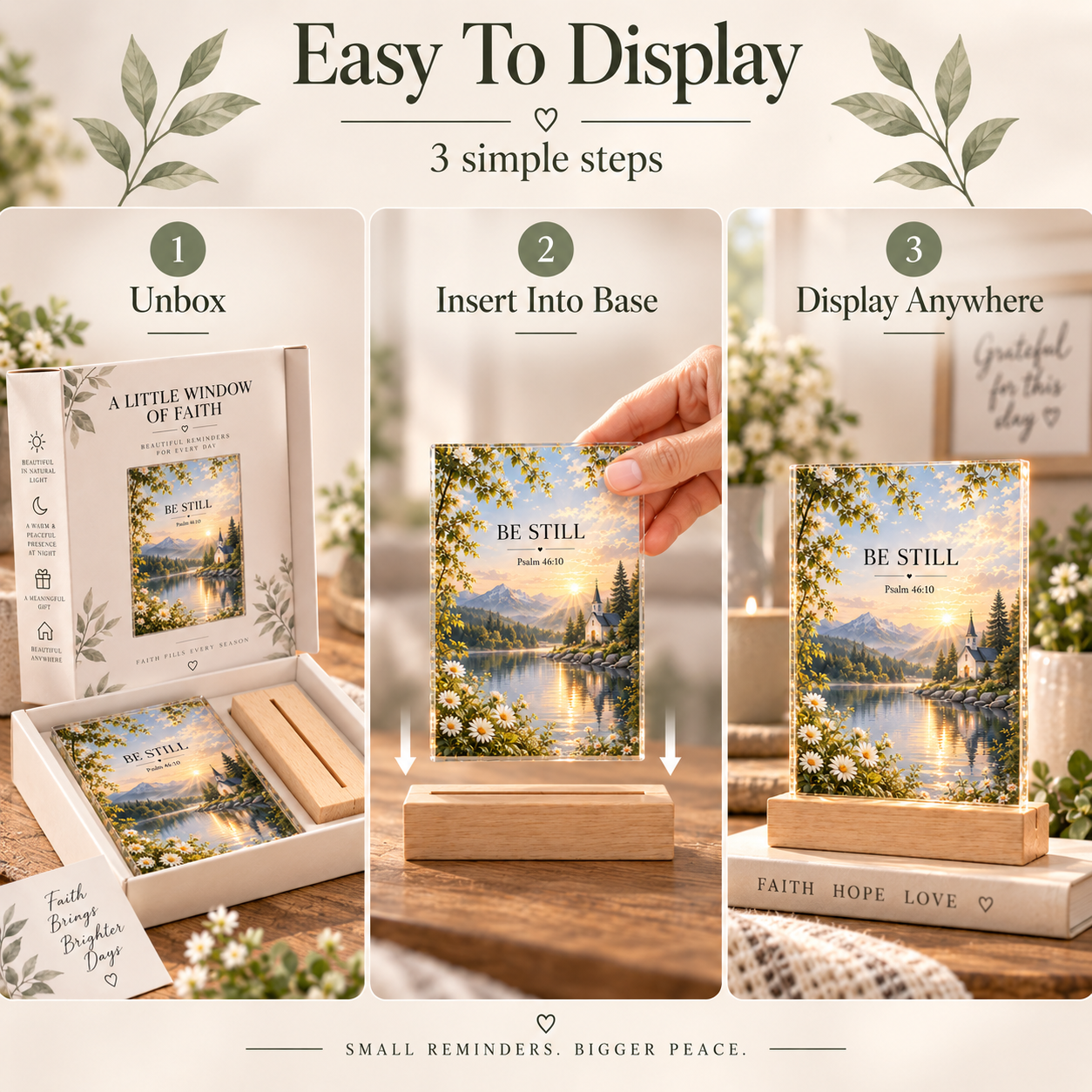 Three easy steps: unbox, insert into wooden base, and display anywhere