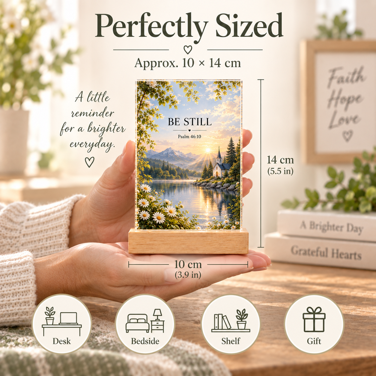 A Little Window of Faith shown in hand with approximately 10 by 14 centimeter dimensions