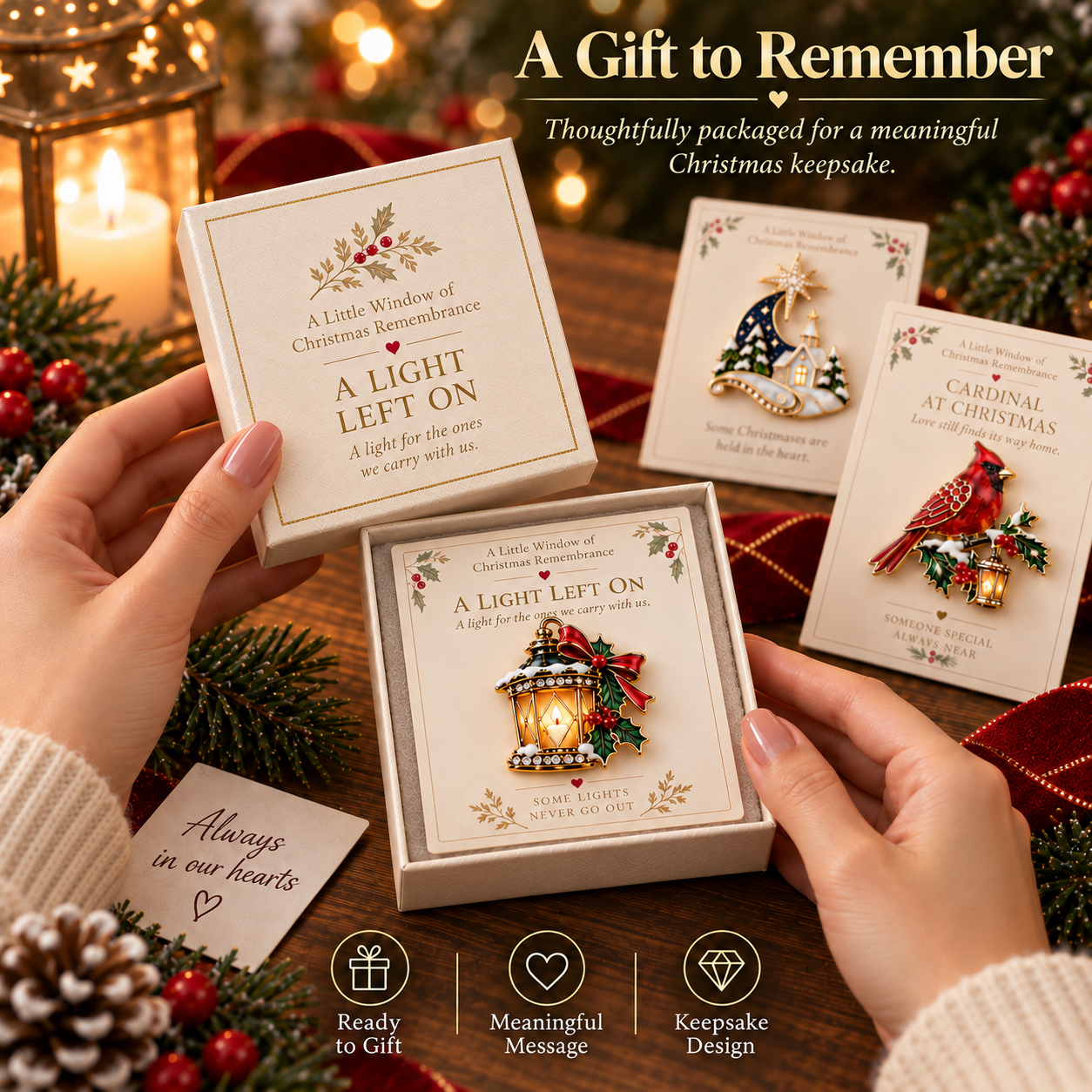 Christmas remembrance brooch presented inside matching square gift box
