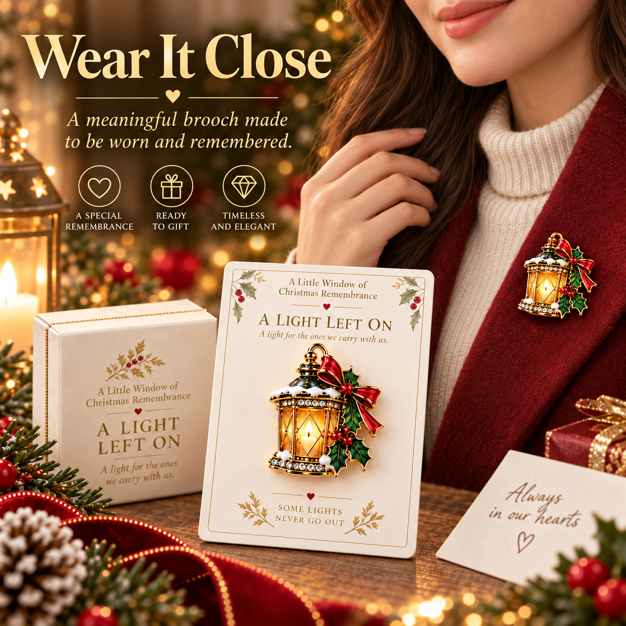 Christmas remembrance brooch worn on a winter coat