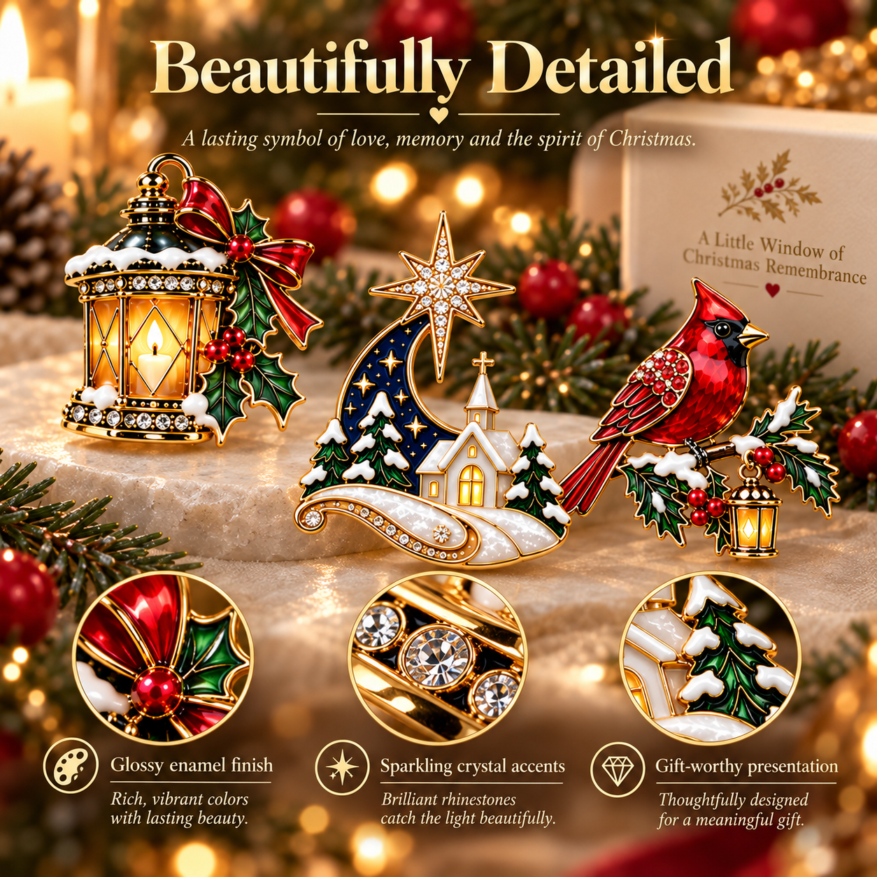 Close-up details of the Christmas remembrance brooch collection