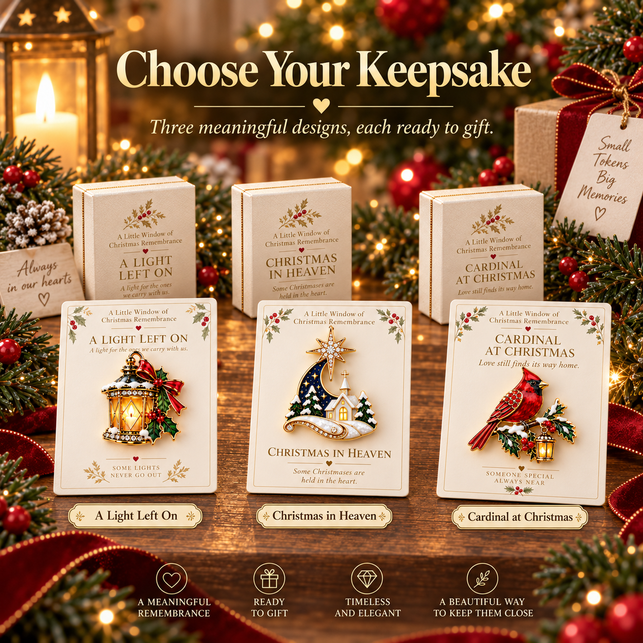 Three Christmas remembrance brooch designs to choose from