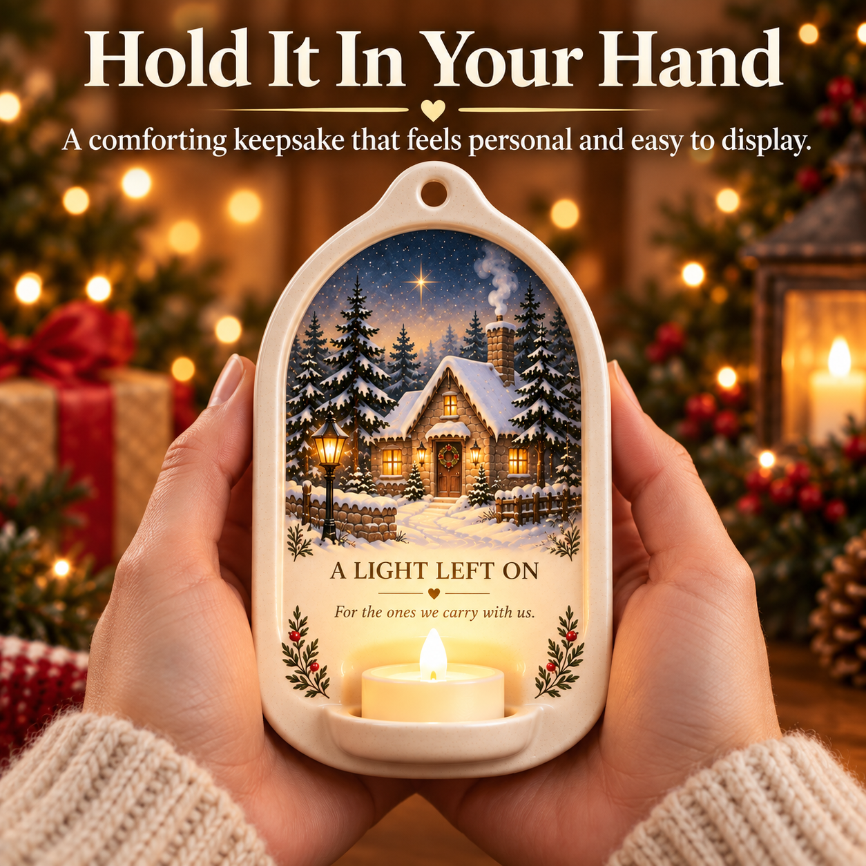 Ceramic remembrance light held in hands
