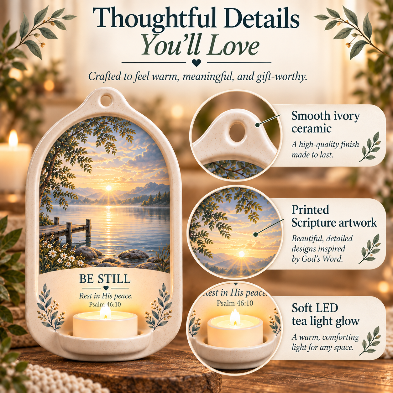 Ivory ceramic finish, Scripture artwork and warm LED tea light detail