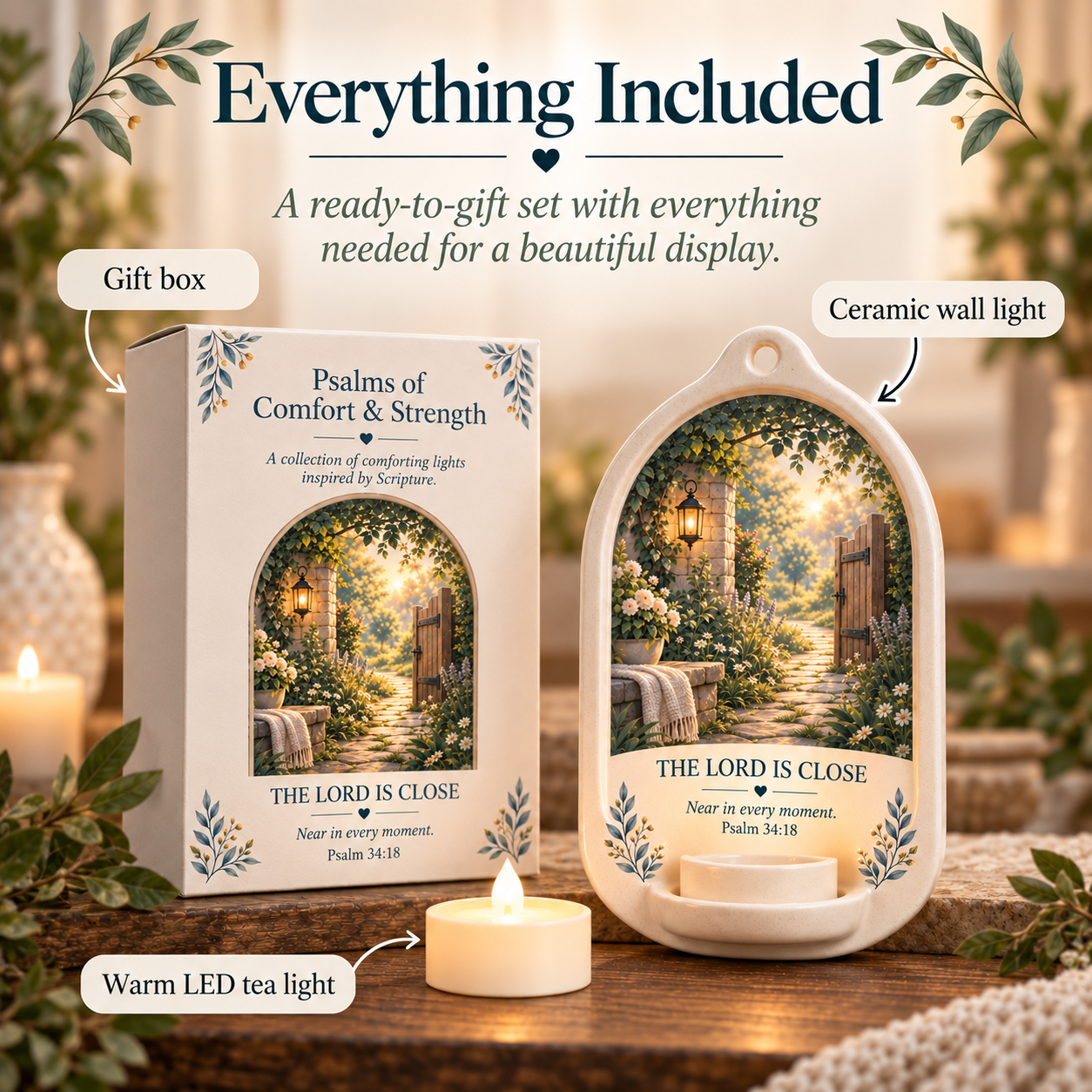Gift box, ceramic wall light and warm LED tea light included