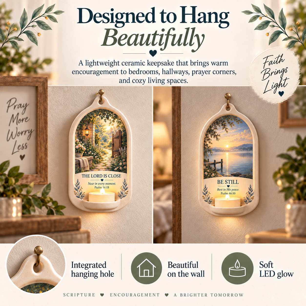 Ceramic Scripture light hanging from integrated hole and wall hook