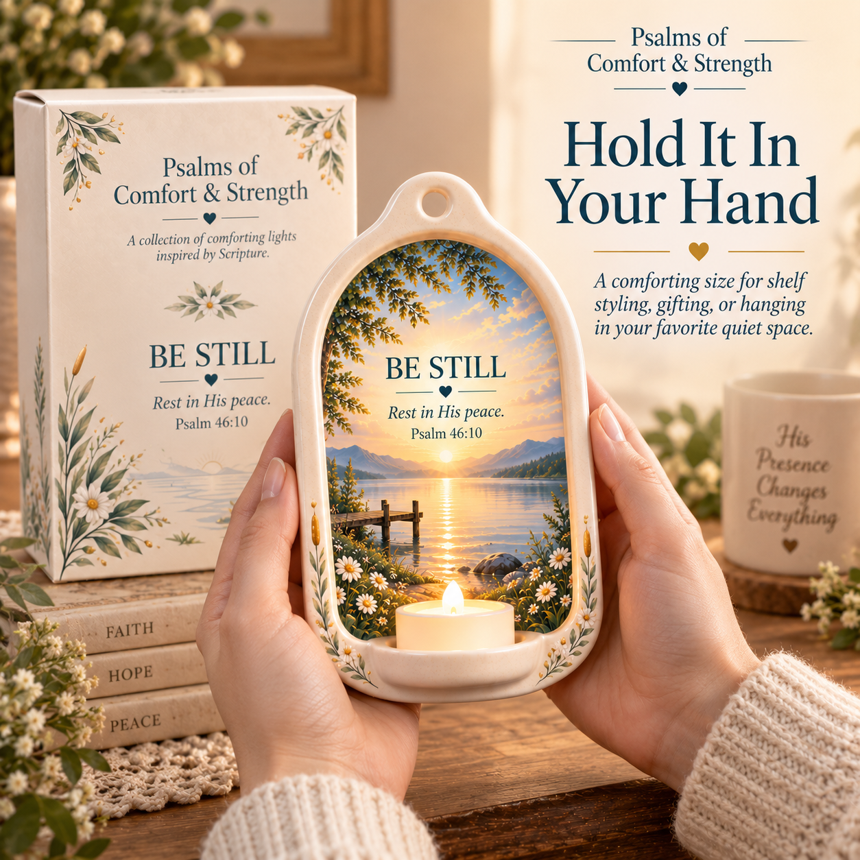 BE STILL ceramic Scripture light held in hands
