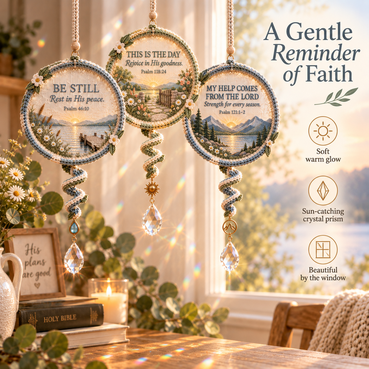 Psalms of Comfort and Strength embroidered Scripture light catchers by a sunny window