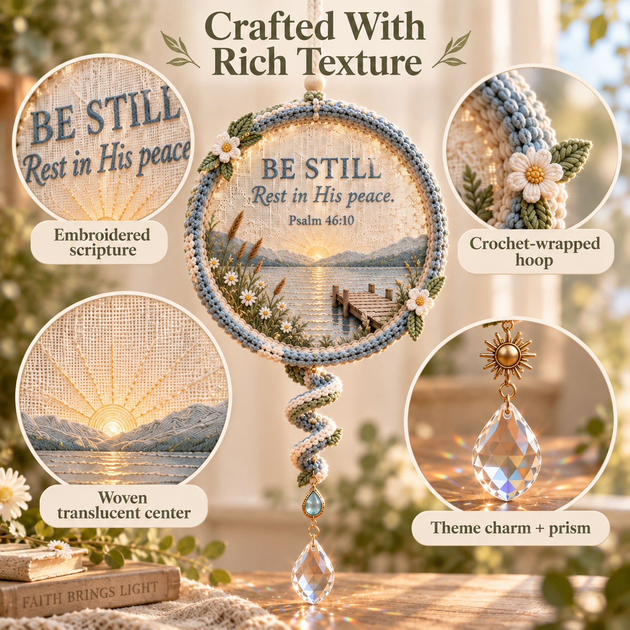 Close-up details of embroidered Scripture crochet hoop woven textile and crystal prism