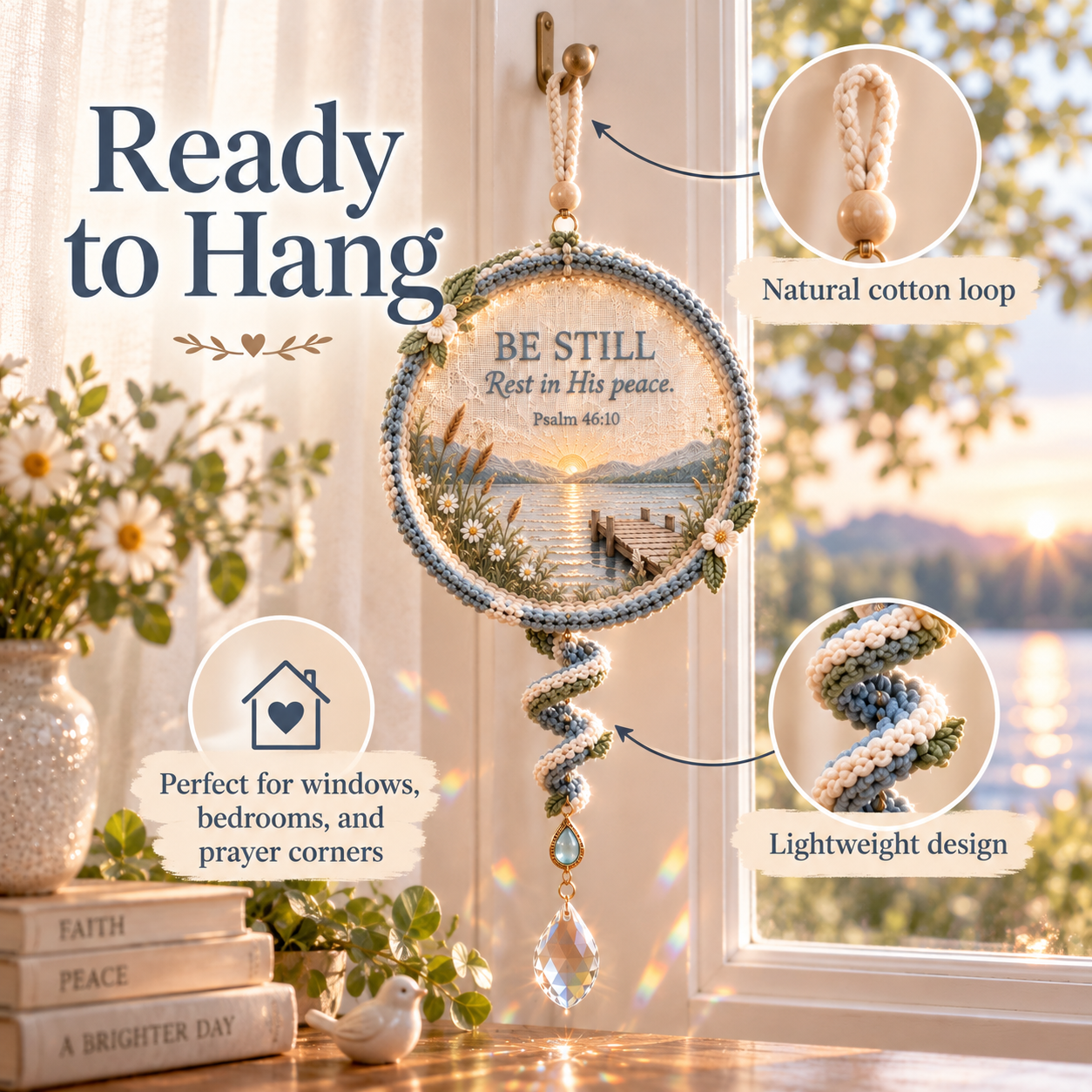 Ready to hang Scripture textile light catcher with natural cotton loop
