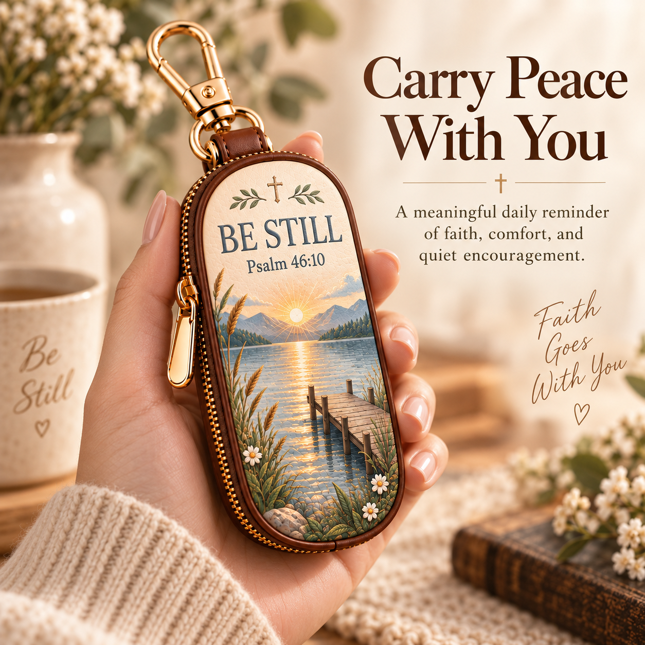 BE STILL Scripture key fob cover held in hand