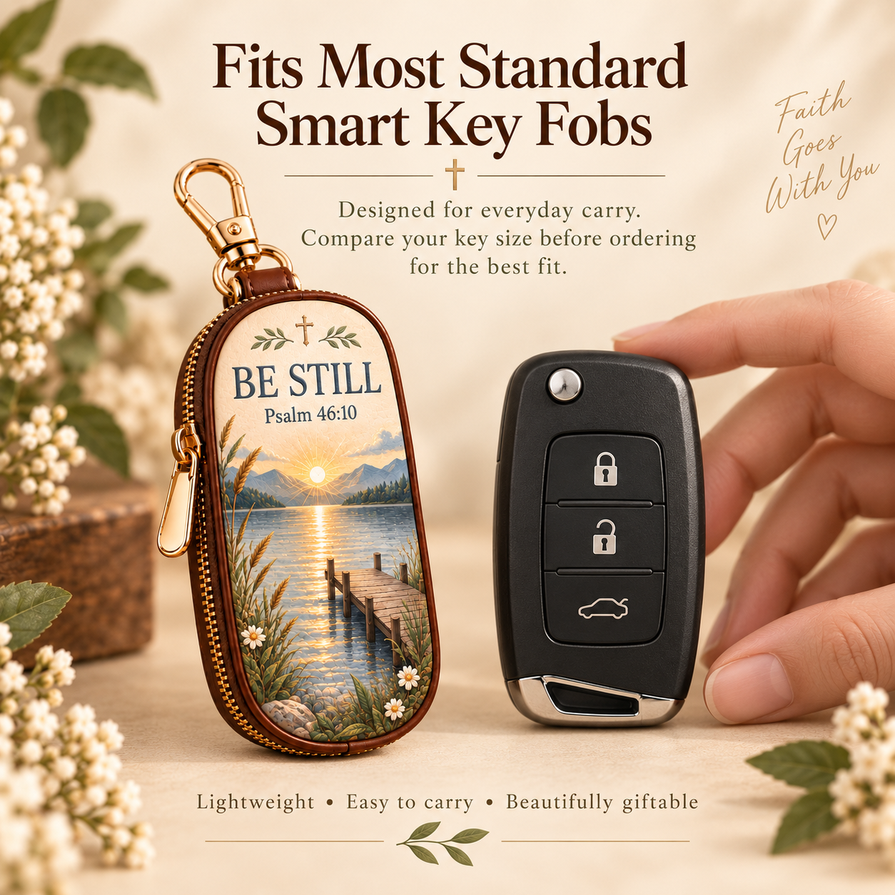 Scripture key fob cover shown beside a standard smart car key