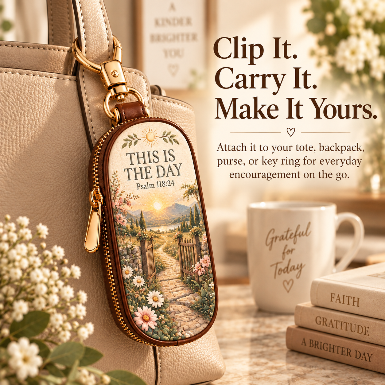 Scripture key fob cover clipped to a handbag