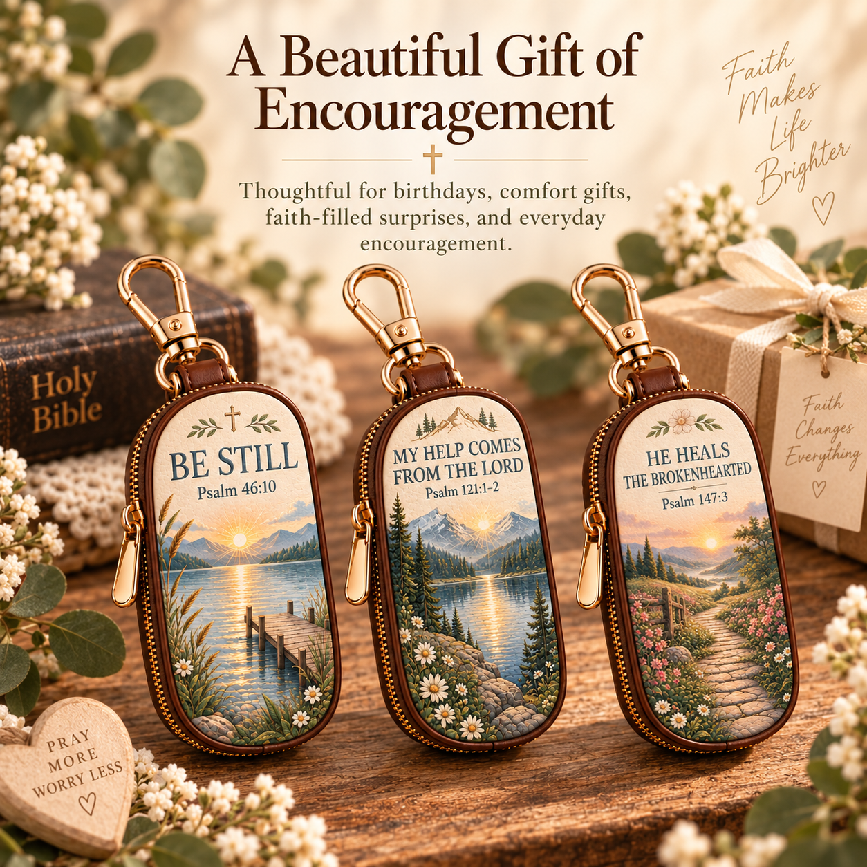 Psalms Scripture key fob covers displayed as Christian encouragement gifts