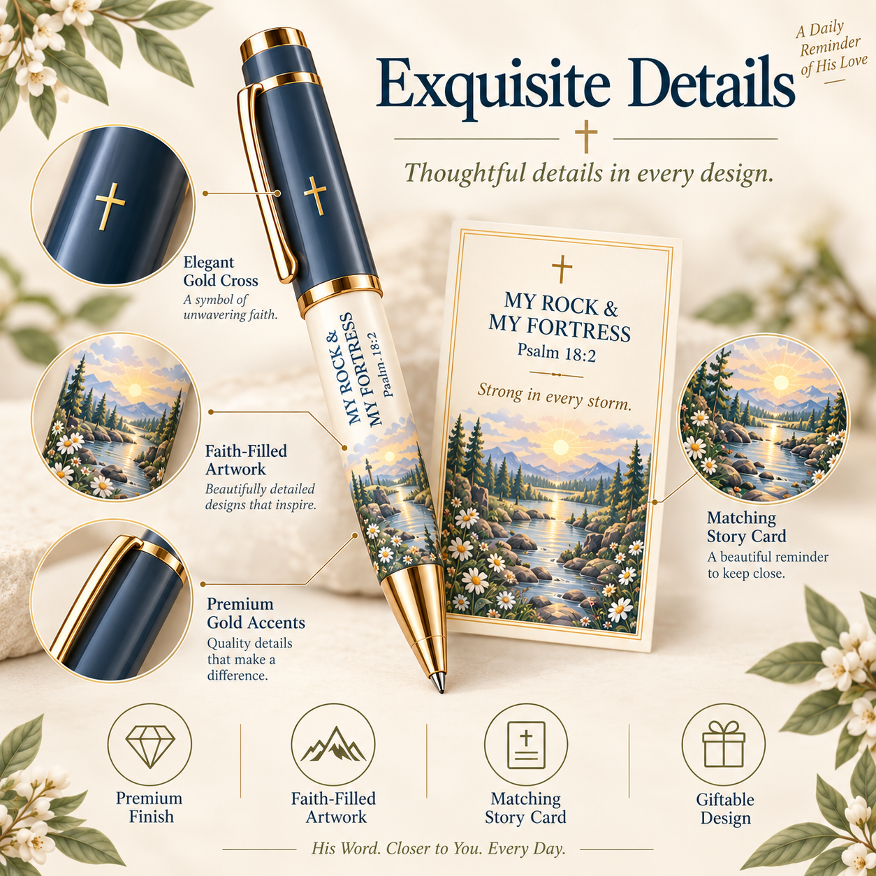 Close-up details of Psalms Scripture pen and matching story card