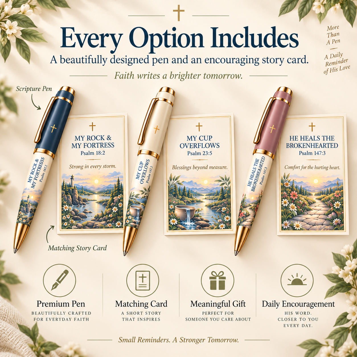 Scripture pen and matching inspirational story card included