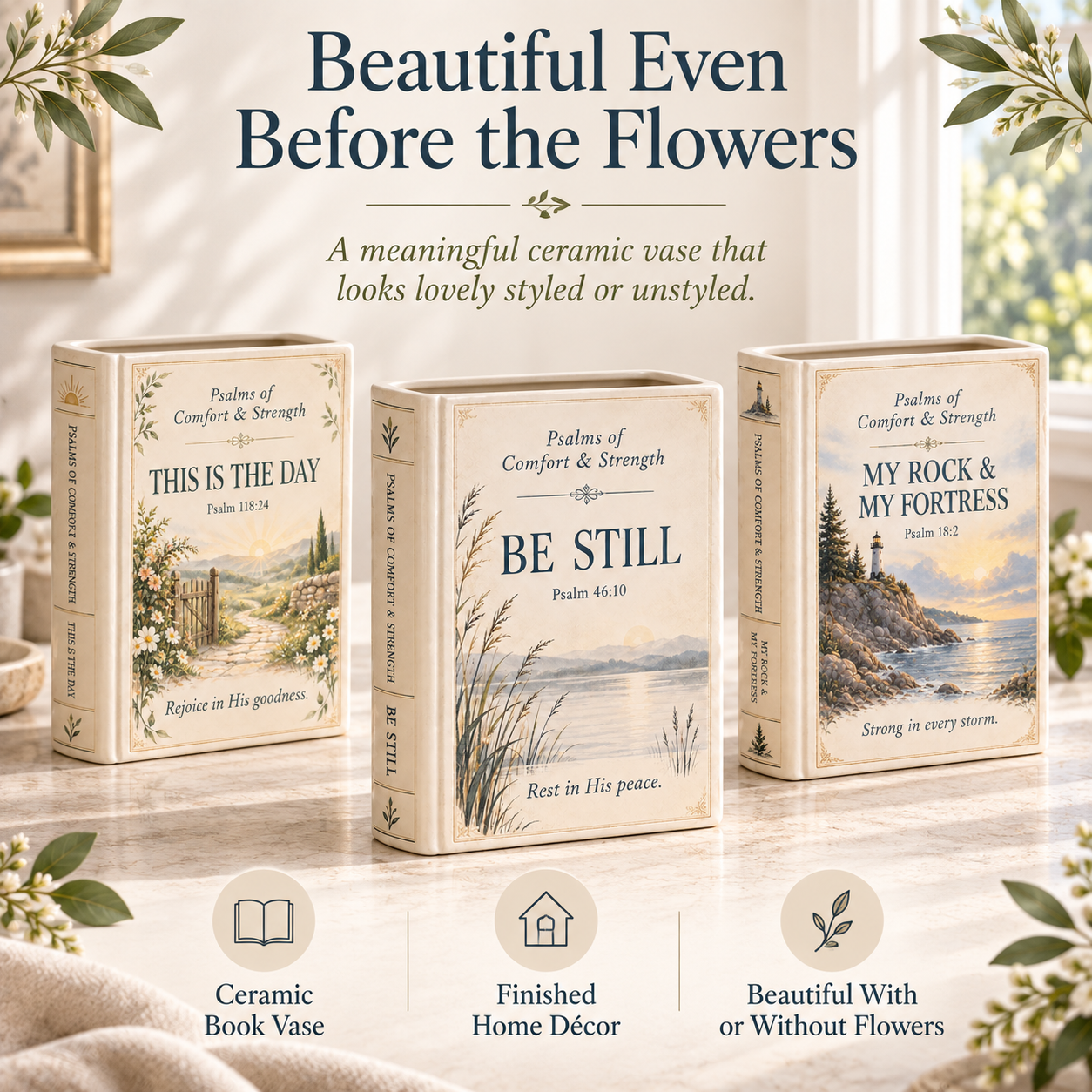 Empty ceramic Scripture book vases displayed without flowers
