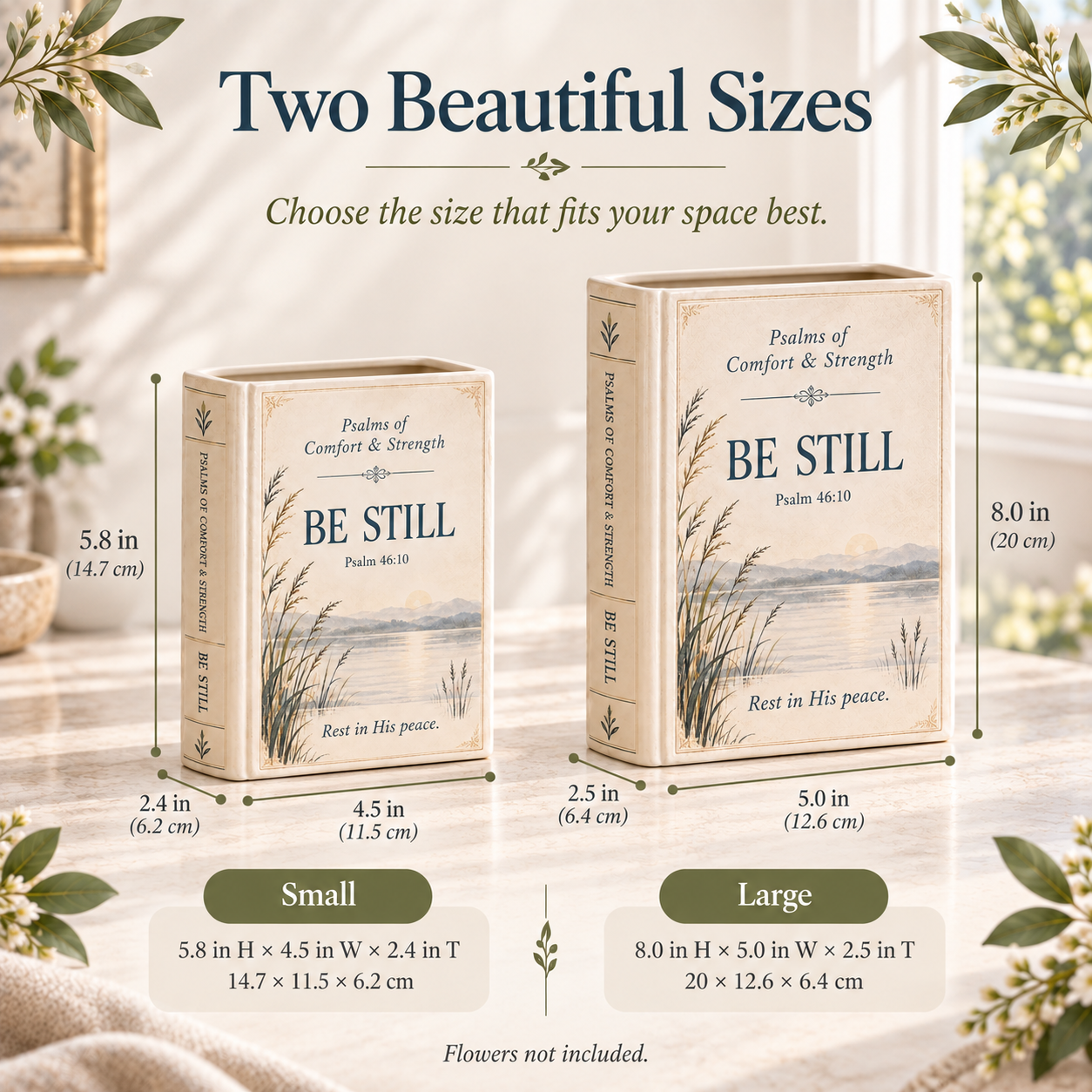 Small and Large ceramic Scripture book vase size comparison
