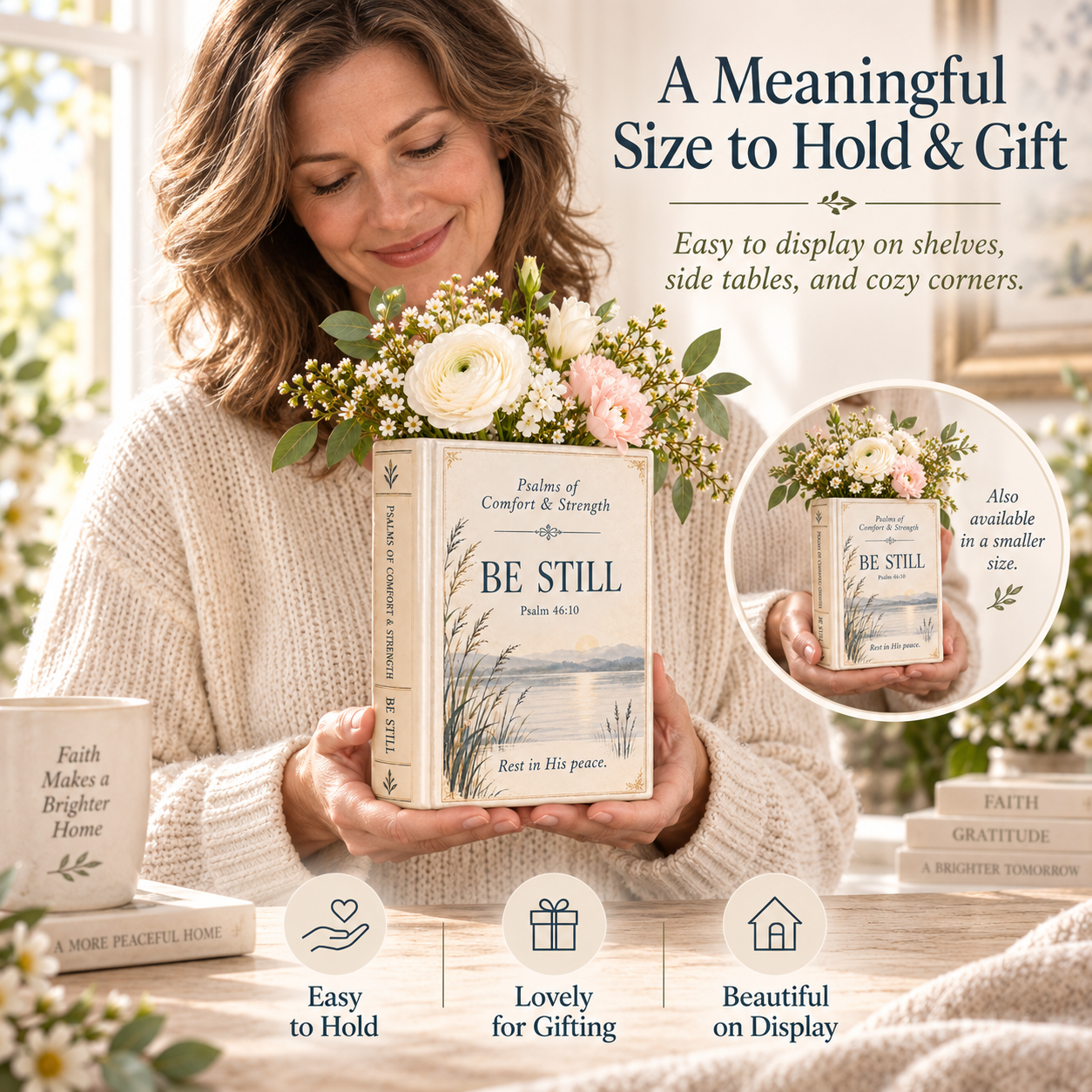 Woman holding Psalms of Comfort and Strength ceramic book vase