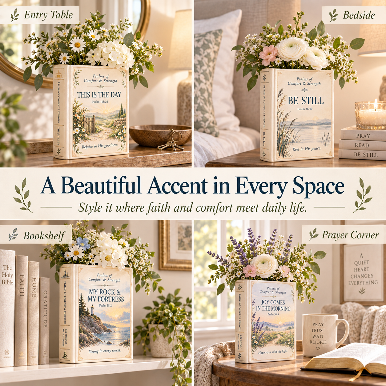 Ceramic Scripture book vase displayed on entry table bedside bookshelf and prayer corner