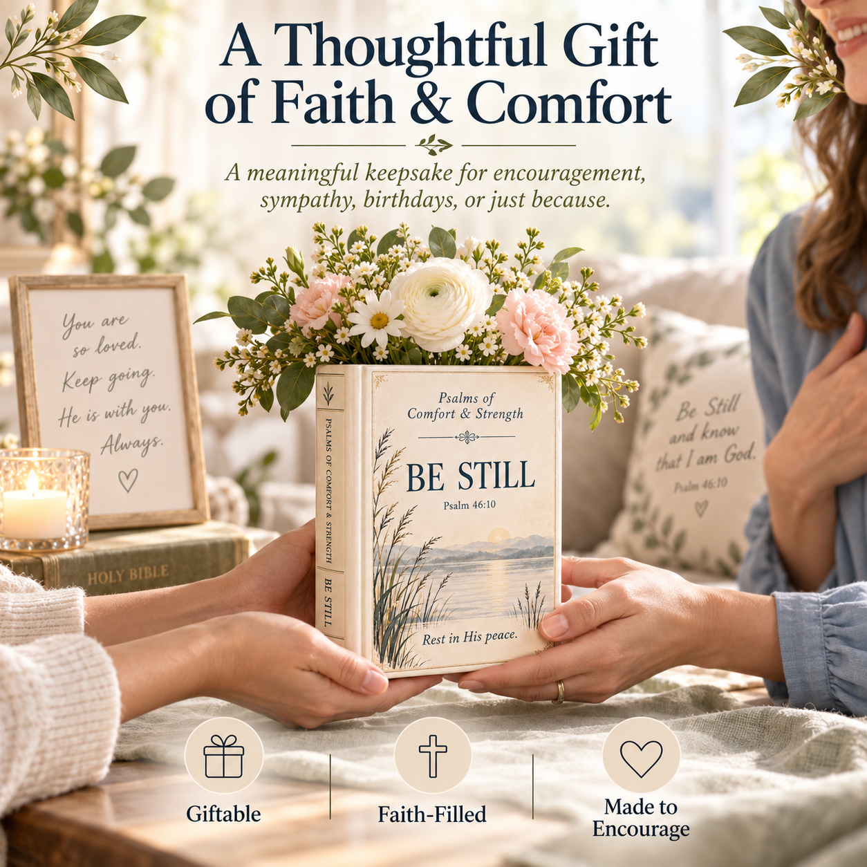 Christian ceramic Scripture book vase shown as a meaningful gift