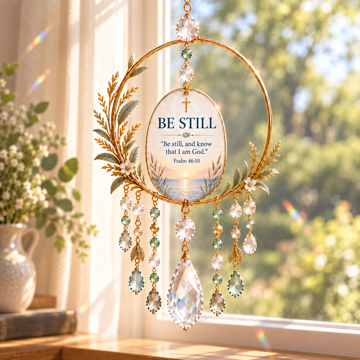 BE STILL Scripture suncatcher hanging beside a sunny window