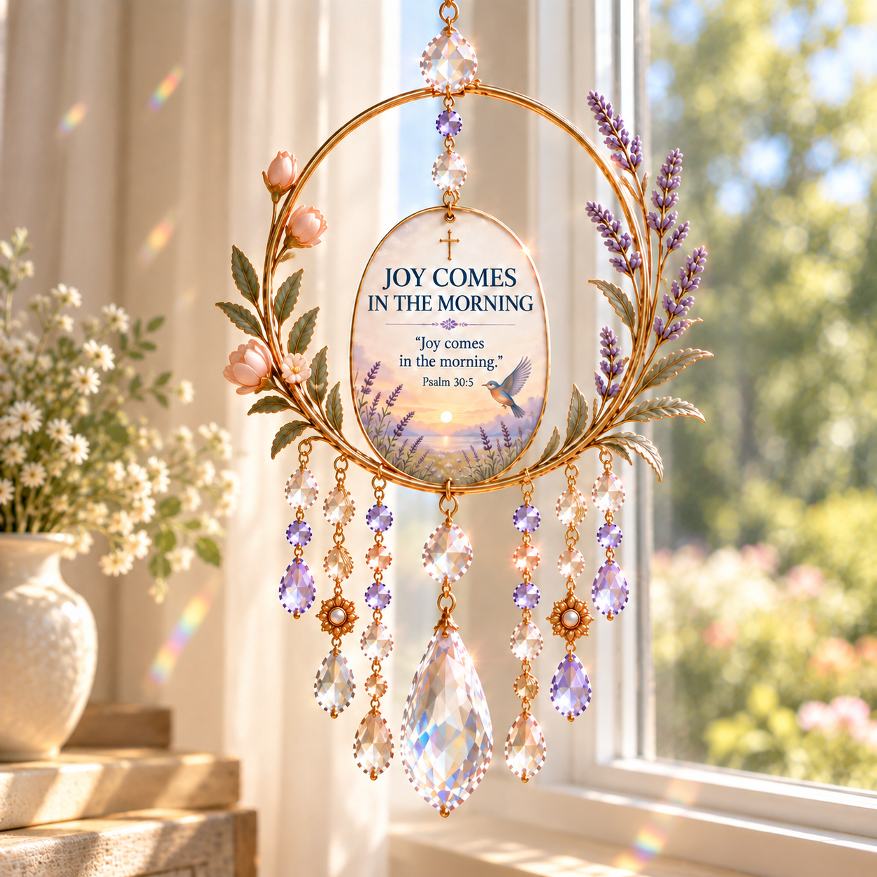 JOY COMES IN THE MORNING Scripture suncatcher catching window light
