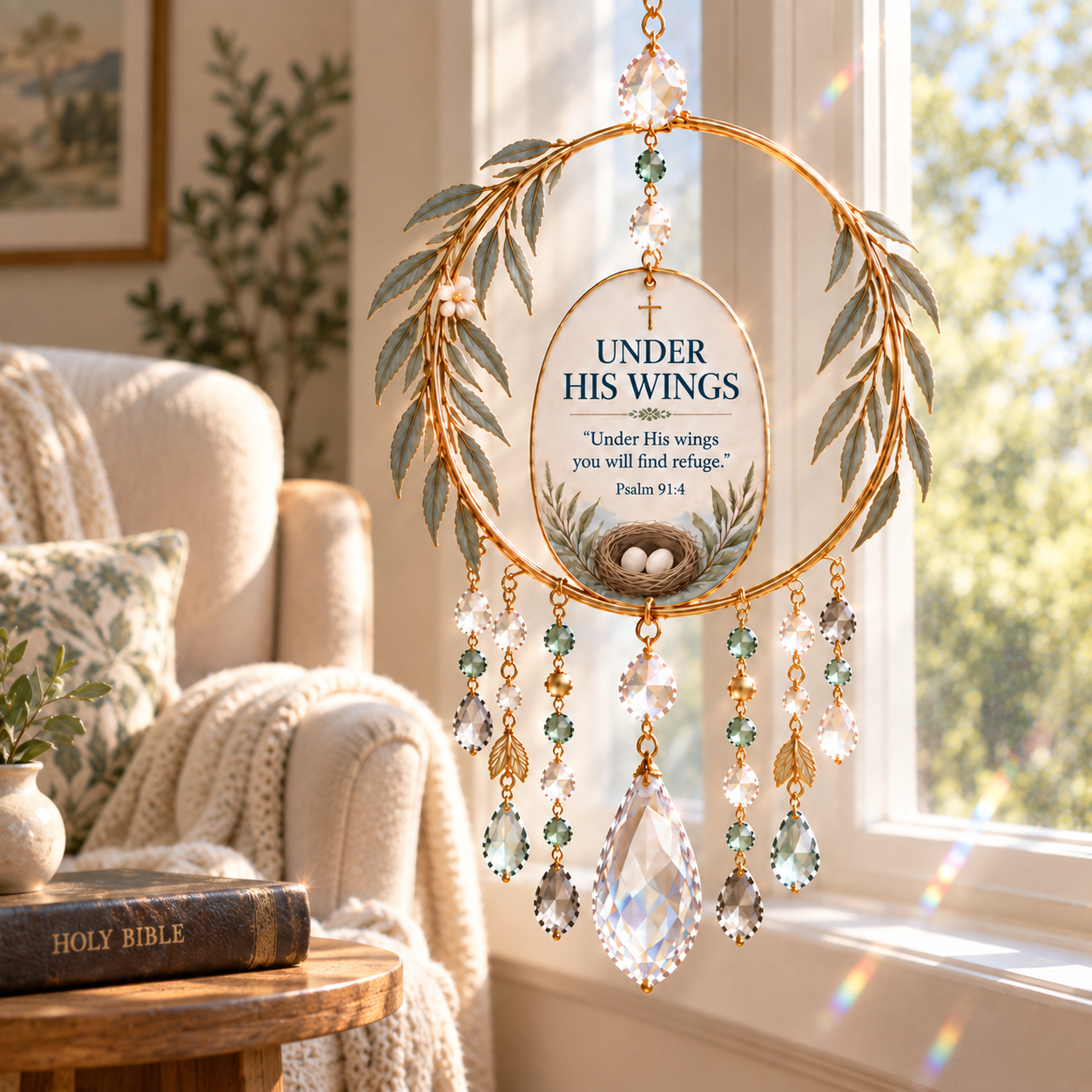 UNDER HIS WINGS Scripture suncatcher displayed in a peaceful reading nook