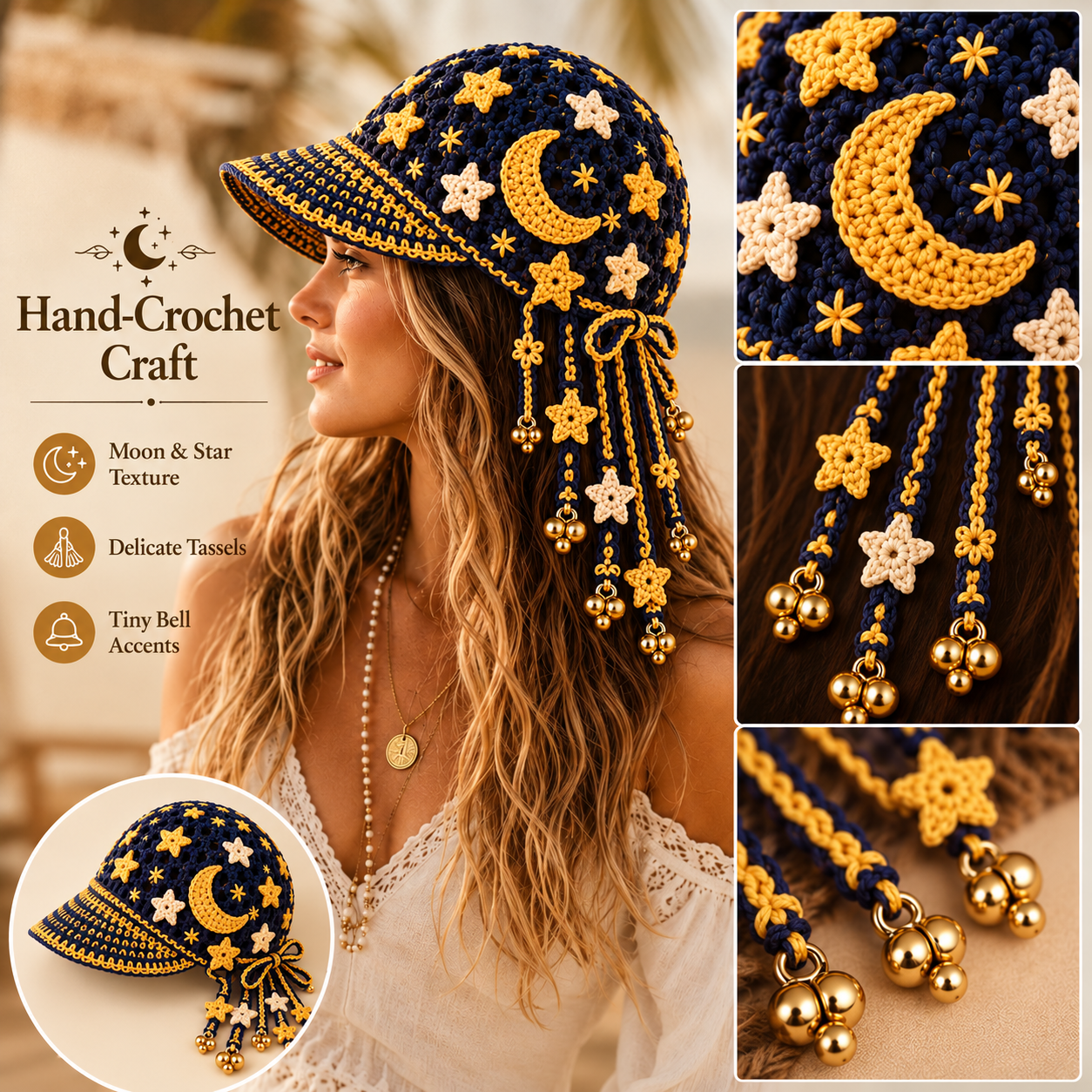Handmade Crochet Celestial Moon & Stars Tassel Bell Hat | Adjustable Boho Festival Headpiece