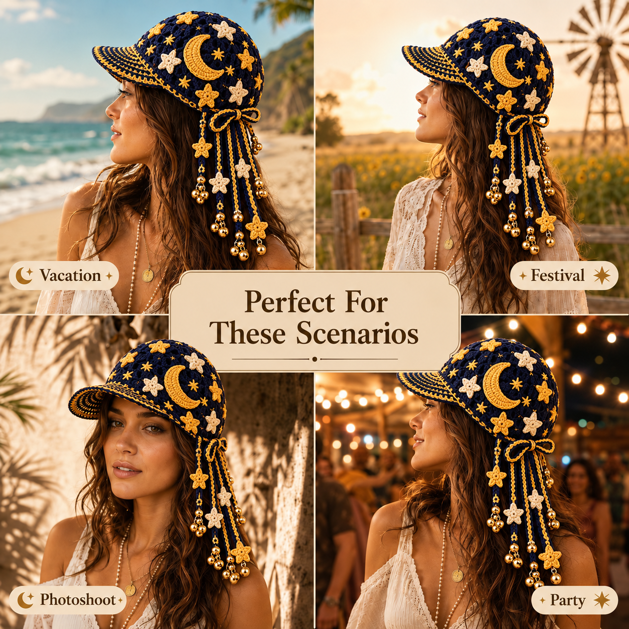 Handmade Crochet Celestial Moon & Stars Tassel Bell Hat | Adjustable Boho Festival Headpiece