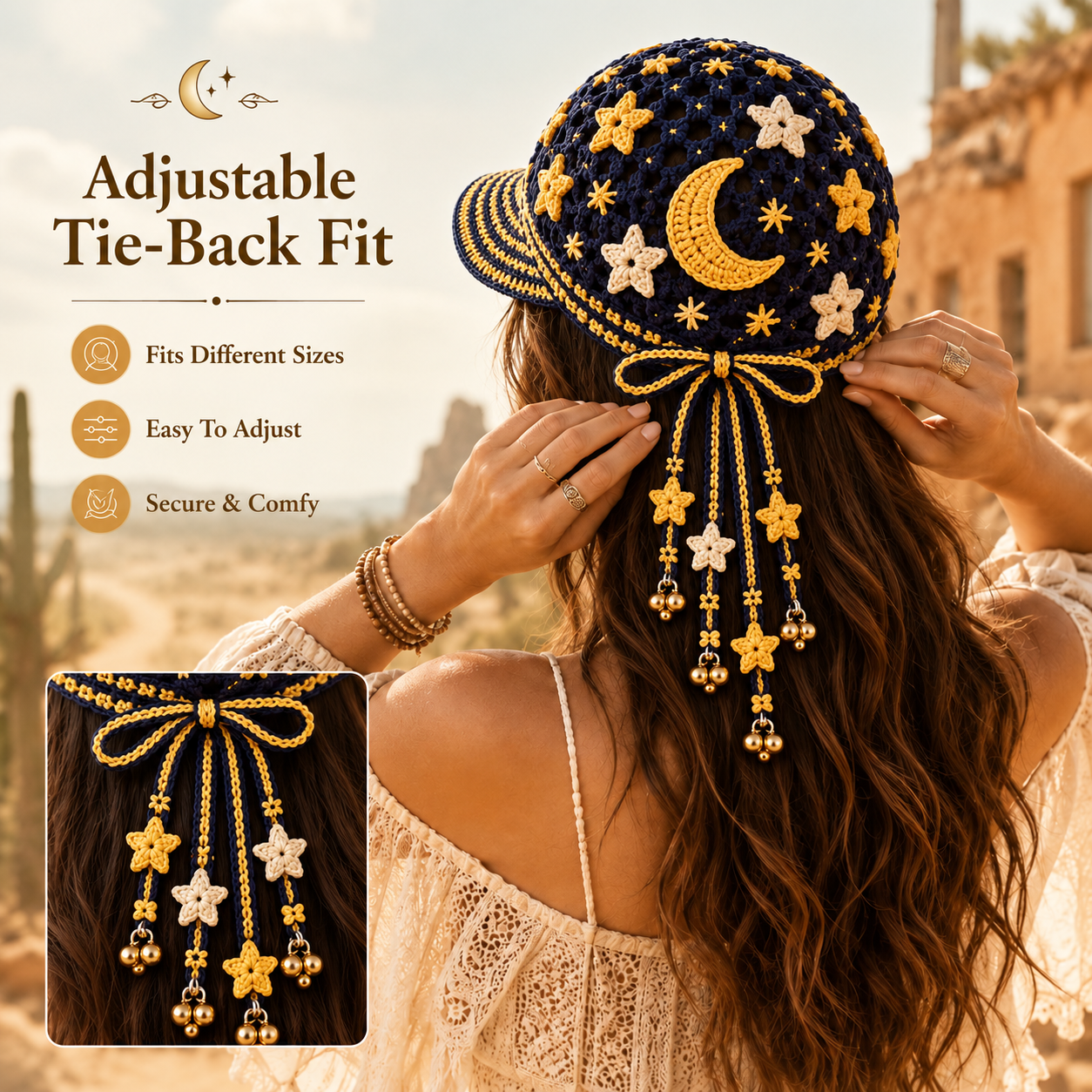 Handmade Crochet Celestial Moon & Stars Tassel Bell Hat | Adjustable Boho Festival Headpiece