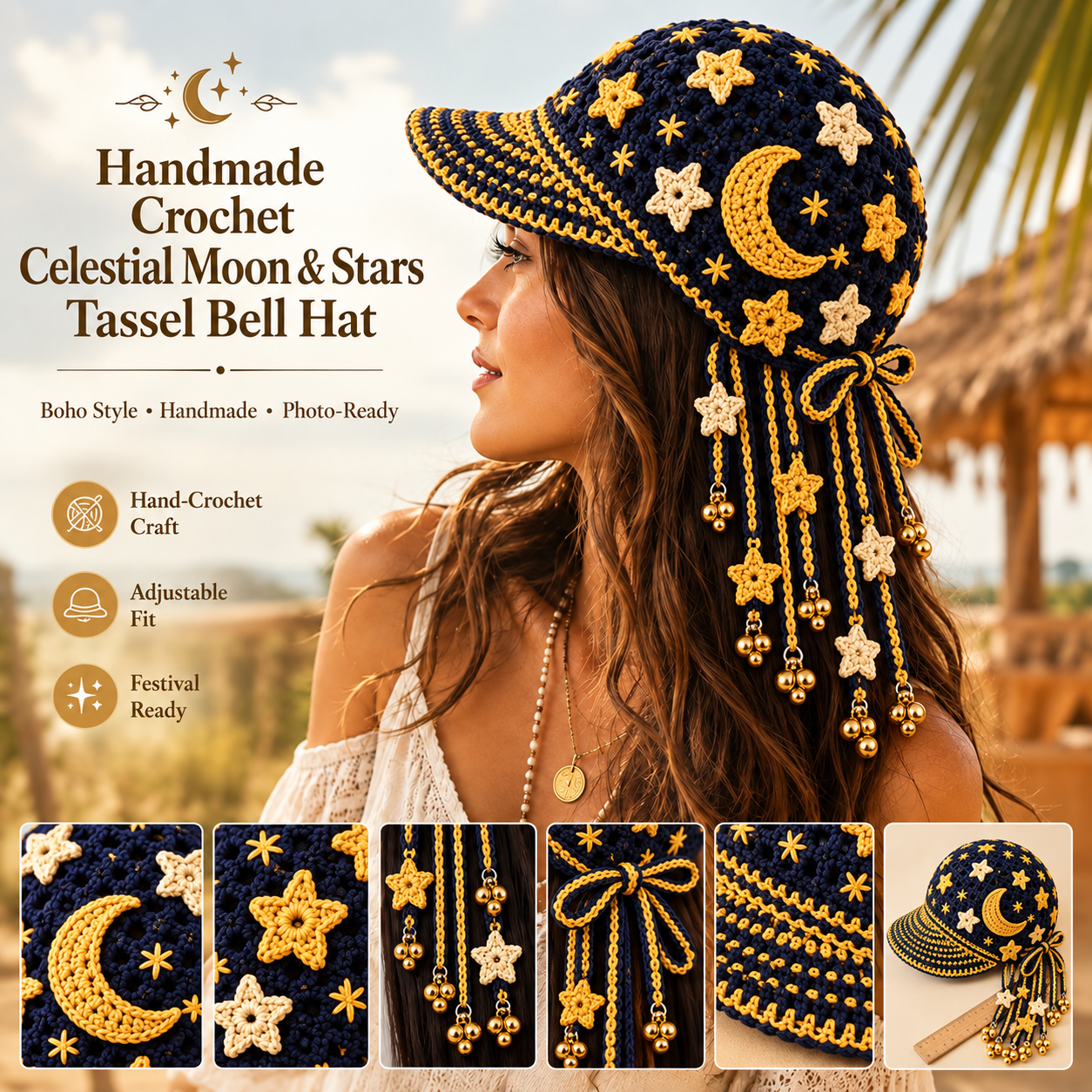 Handmade Crochet Celestial Moon & Stars Tassel Bell Hat | Adjustable Boho Festival Headpiece