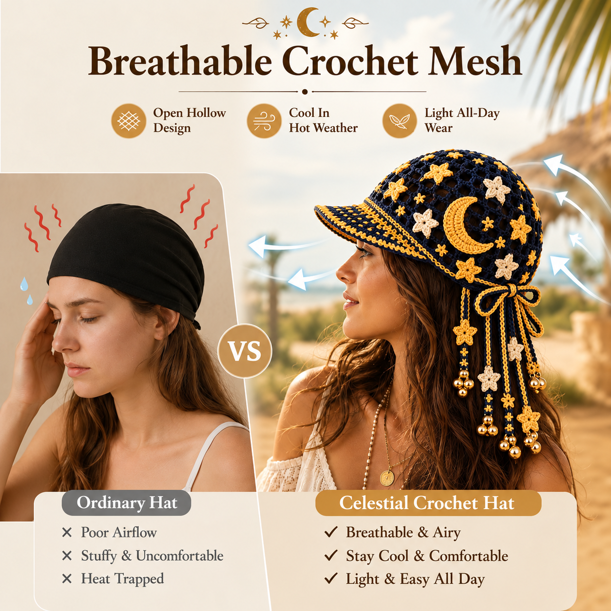 Handmade Crochet Celestial Moon & Stars Tassel Bell Hat | Adjustable Boho Festival Headpiece