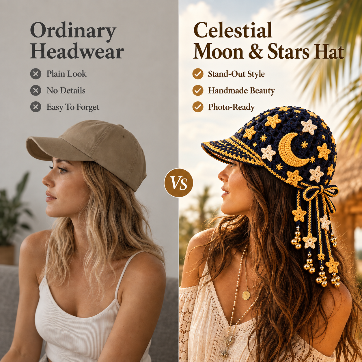 Handmade Crochet Celestial Moon & Stars Tassel Bell Hat | Adjustable Boho Festival Headpiece