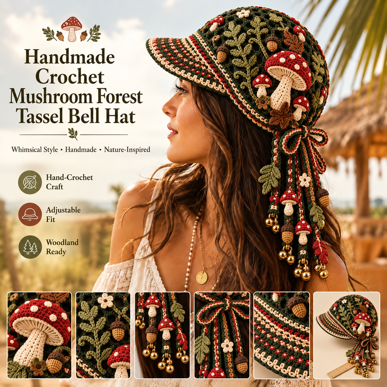 Handmade Crochet Mushroom Forest Tassel Bell Hat | Adjustable Cottagecore Woodland Headpiece